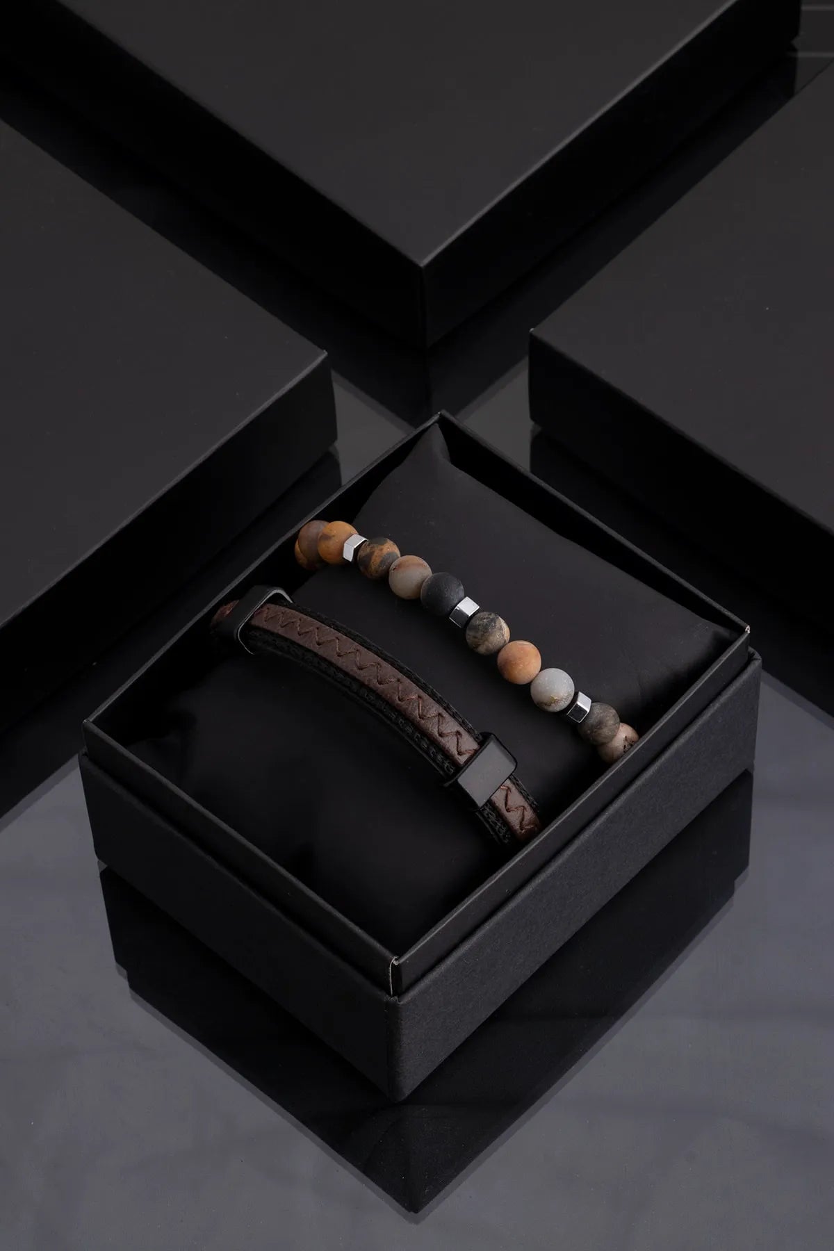Genuine Leather & Natural Stone Men's Bracelet Set - Sand Brown 2-piece