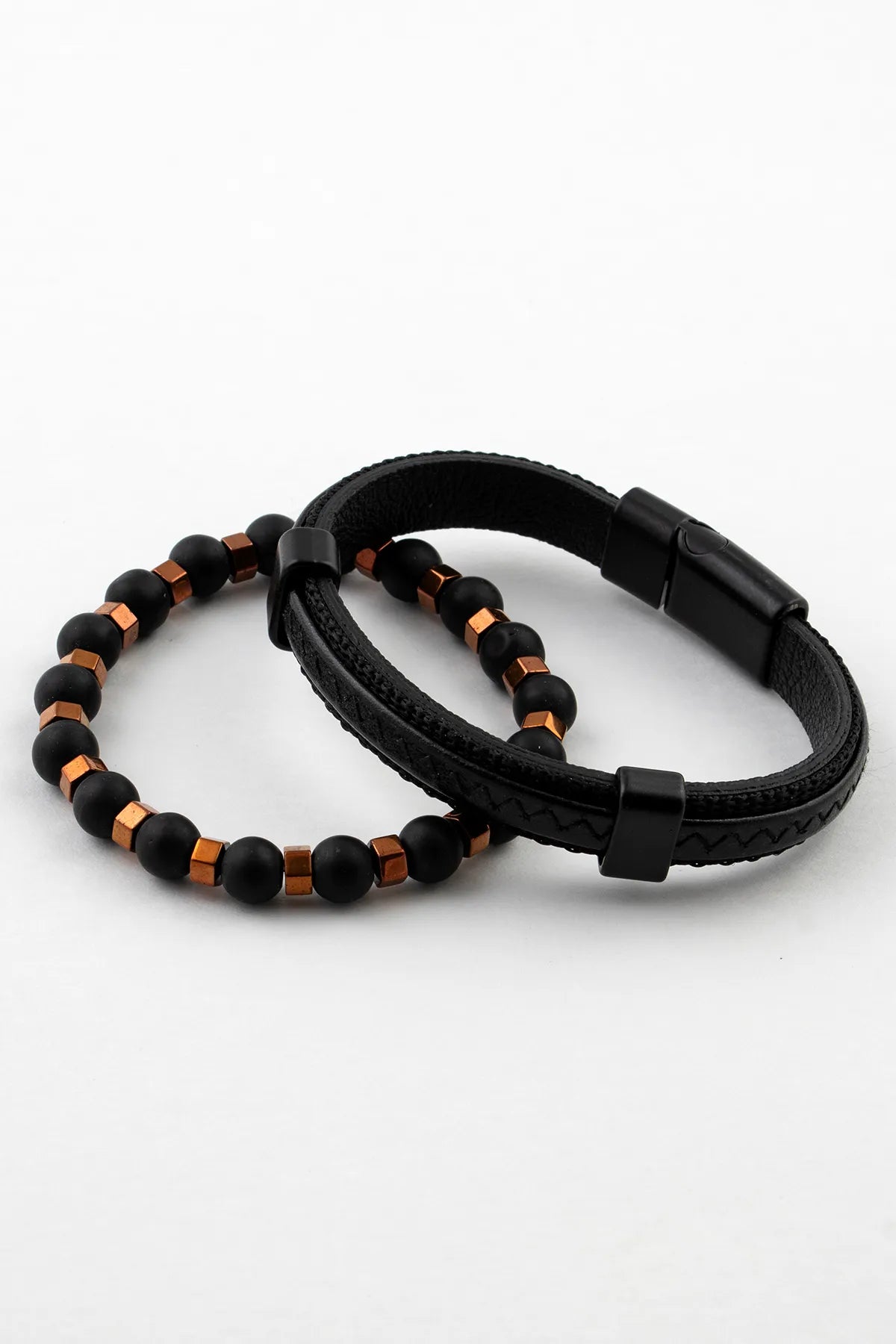 Genuine Leather & Natural Stone Men's Bracelet Set - Black-Bronz 2-piece