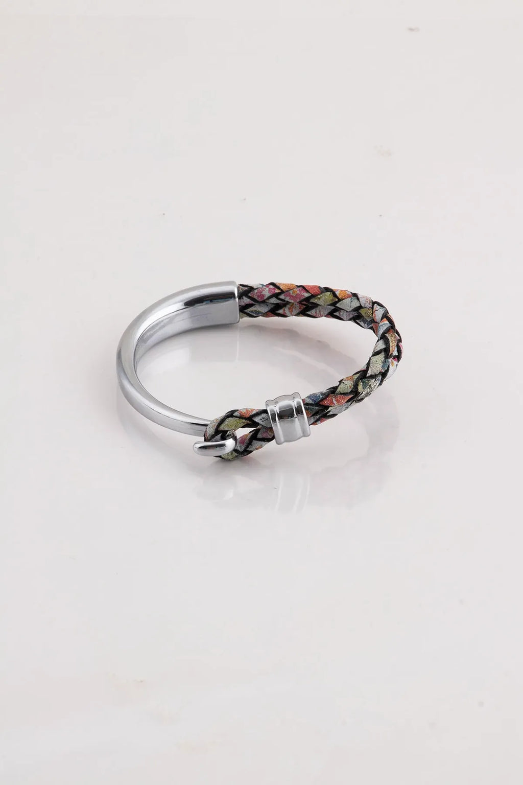 Genuine Leather & Chrome Braided Men's Bracelet - Multicolored