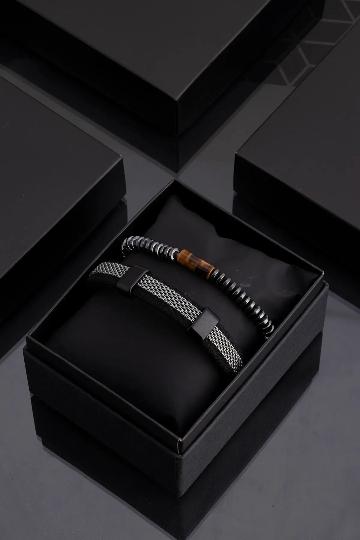 Genuine Leather & Natural Stone Men's Bracelet Set - Silver