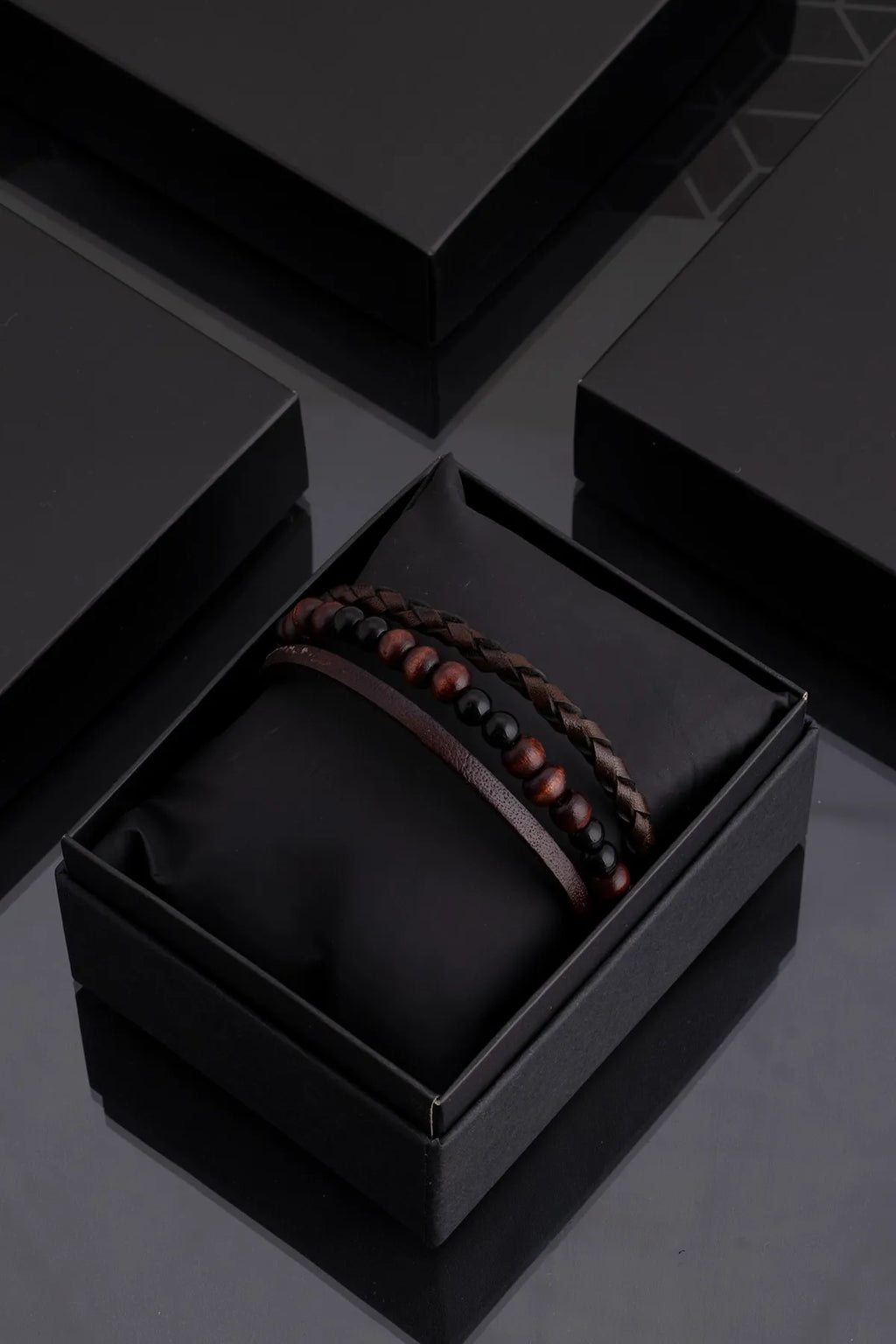 Genuine Leather Magnetic Bracelets - Brown 3-piece