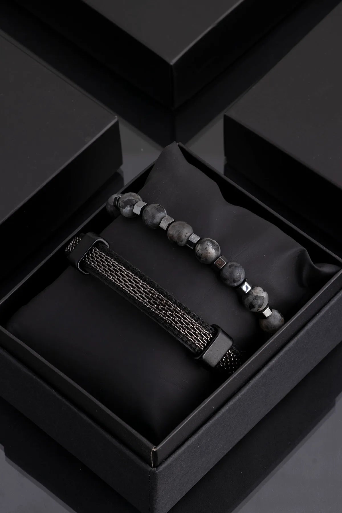 Genuine Leather & Natural Stone Men's Bracelet Set - Smoked