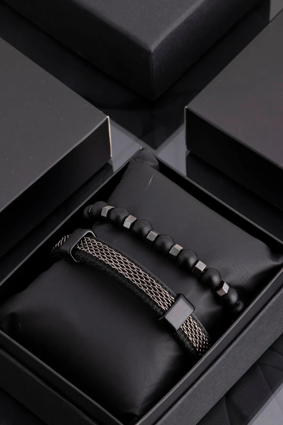 Genuine Leather & Natural Stone Men's Bracelet Set - Black 2-piece