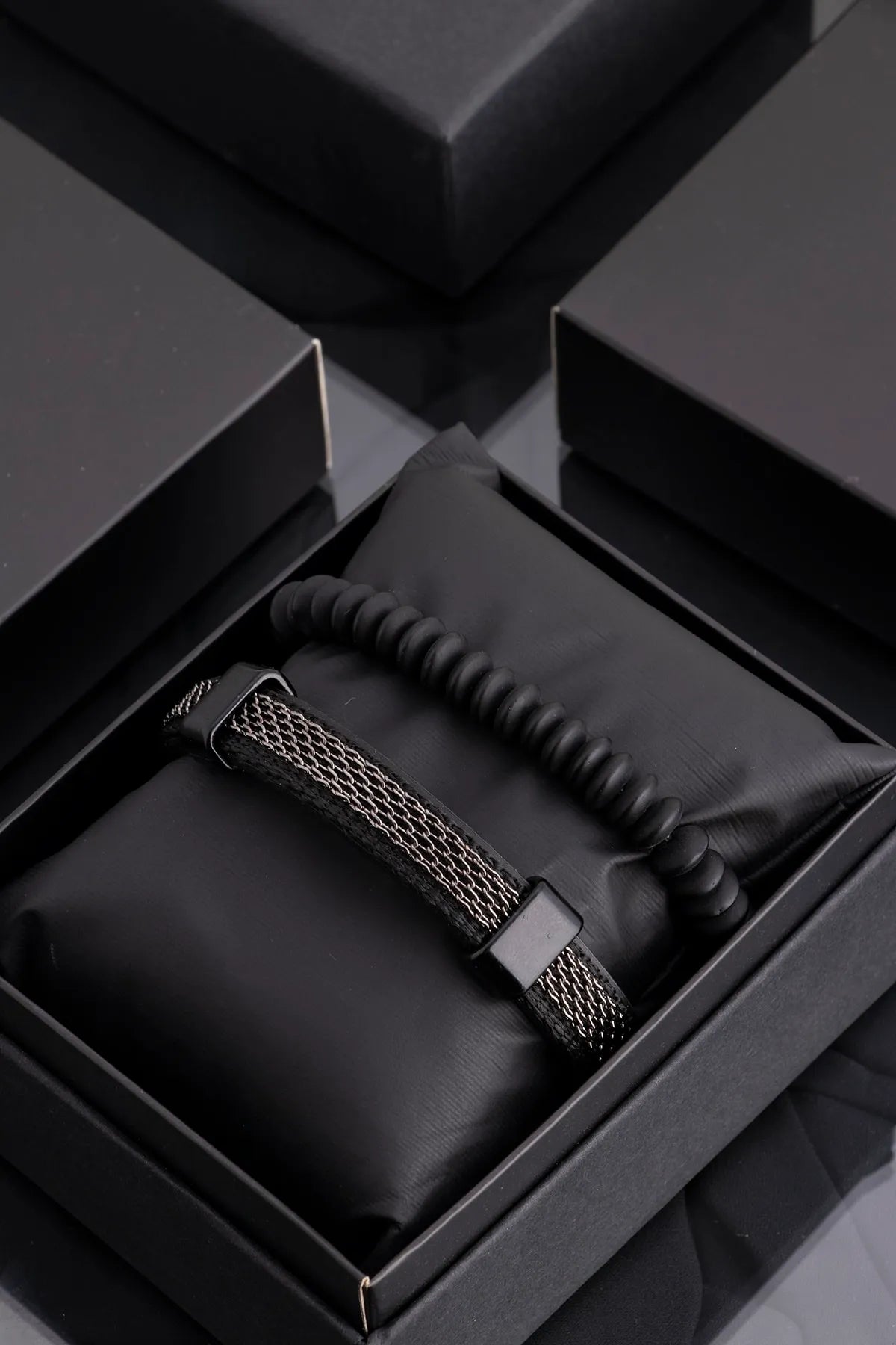 Genuine Leather & Natural Stone Men's Bracelet Set - Geometric Black 2-piece