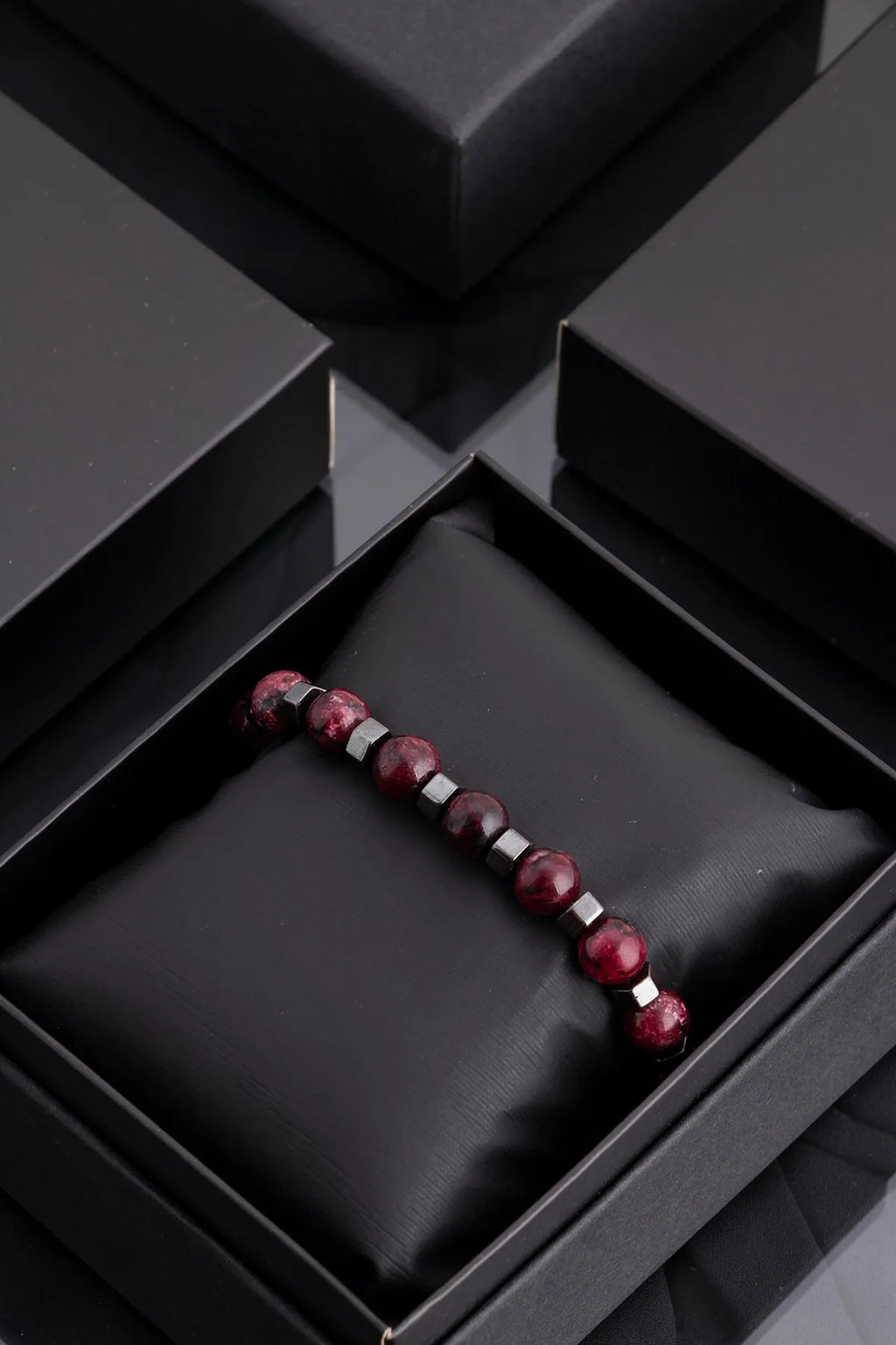 Hematite Original Natural Stone Unisex Bracelet - Burgundy