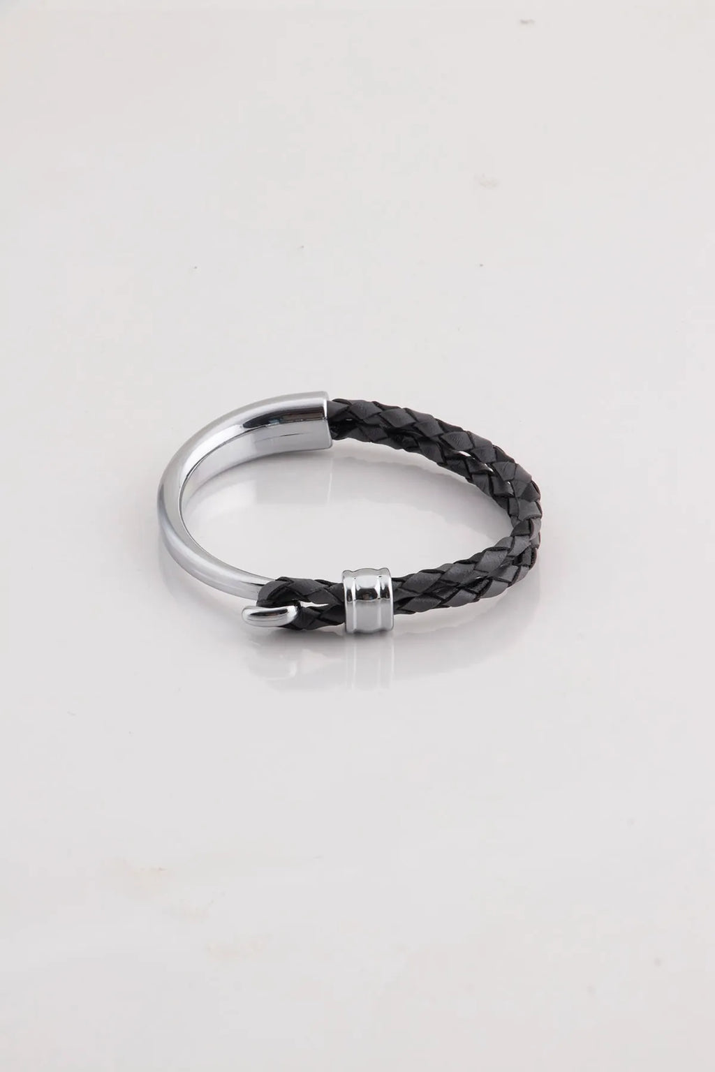 Genuine Leather & Chrome Braided Men's Bracelet - Black