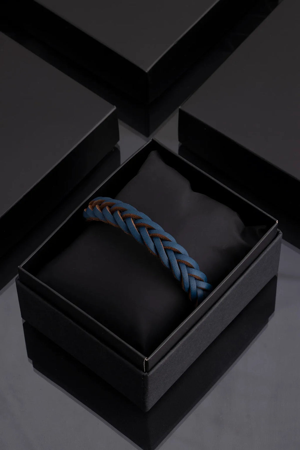 Genuine Leather Magnetic Bracelets - Navy Blue Knitted