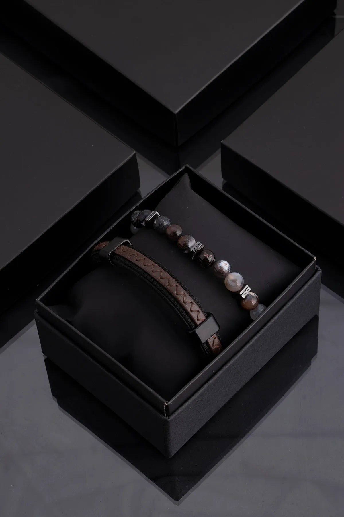 Genuine Leather & Natural Stone Men's Bracelet Set - Brown 2-piece
