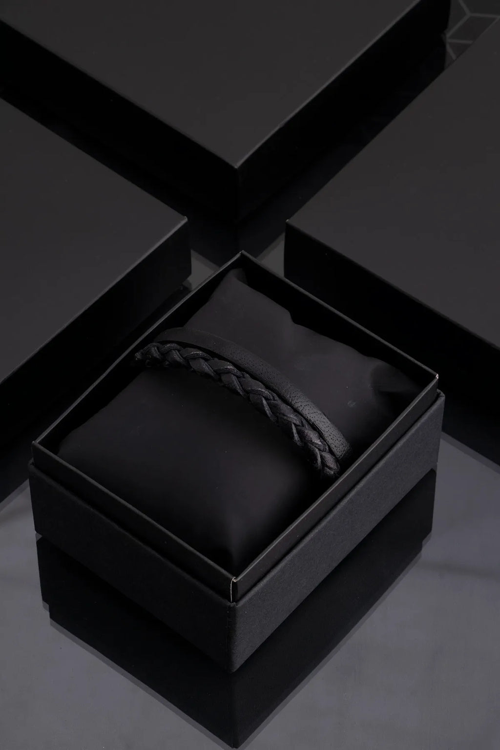 Genuine Leather Magnetic Bracelets - Black Knitted 2-piece