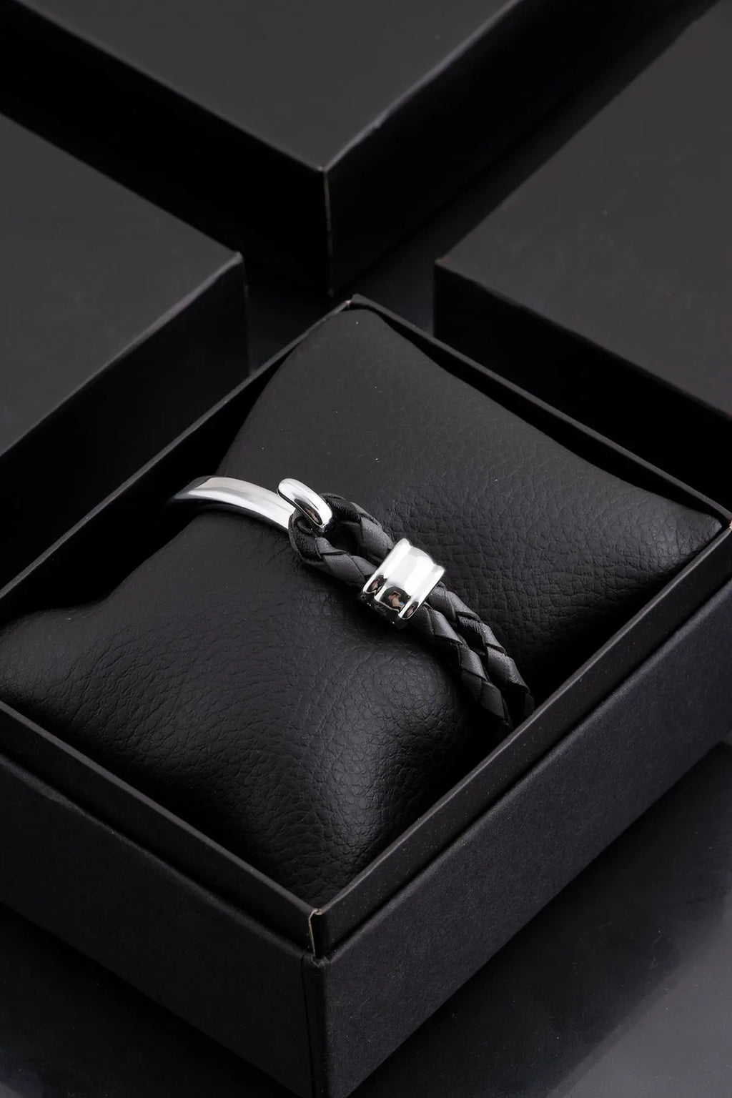 Genuine Leather & Chrome Braided Men's Bracelet - Black