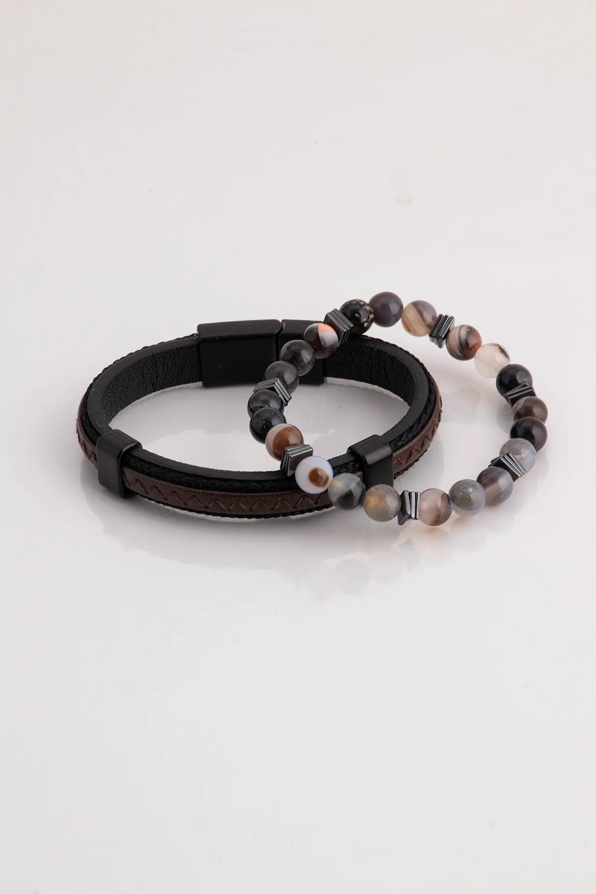 Genuine Leather & Natural Stone Men's Bracelet Set - Brown 2-piece
