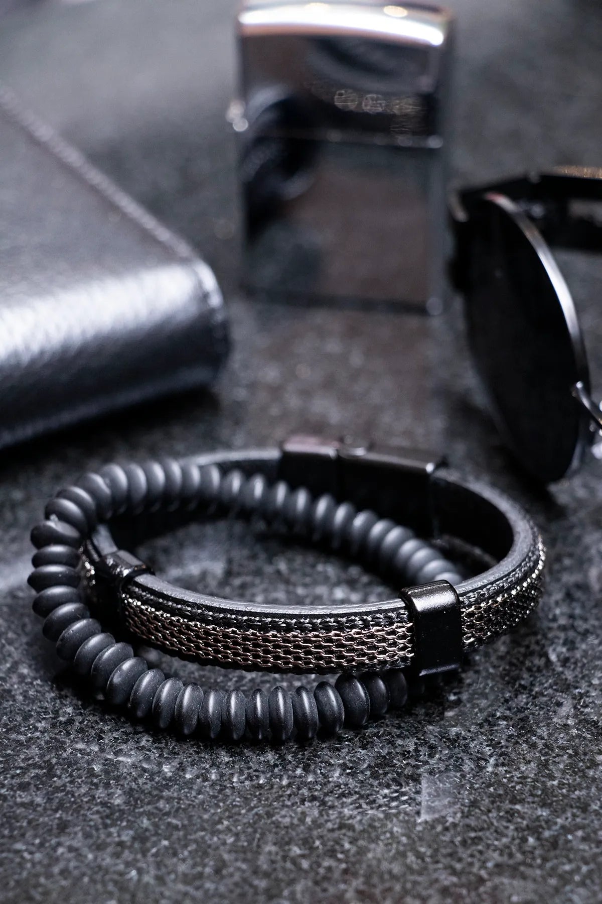 Genuine Leather & Natural Stone Men's Bracelet Set - Geometric Black 2-piece