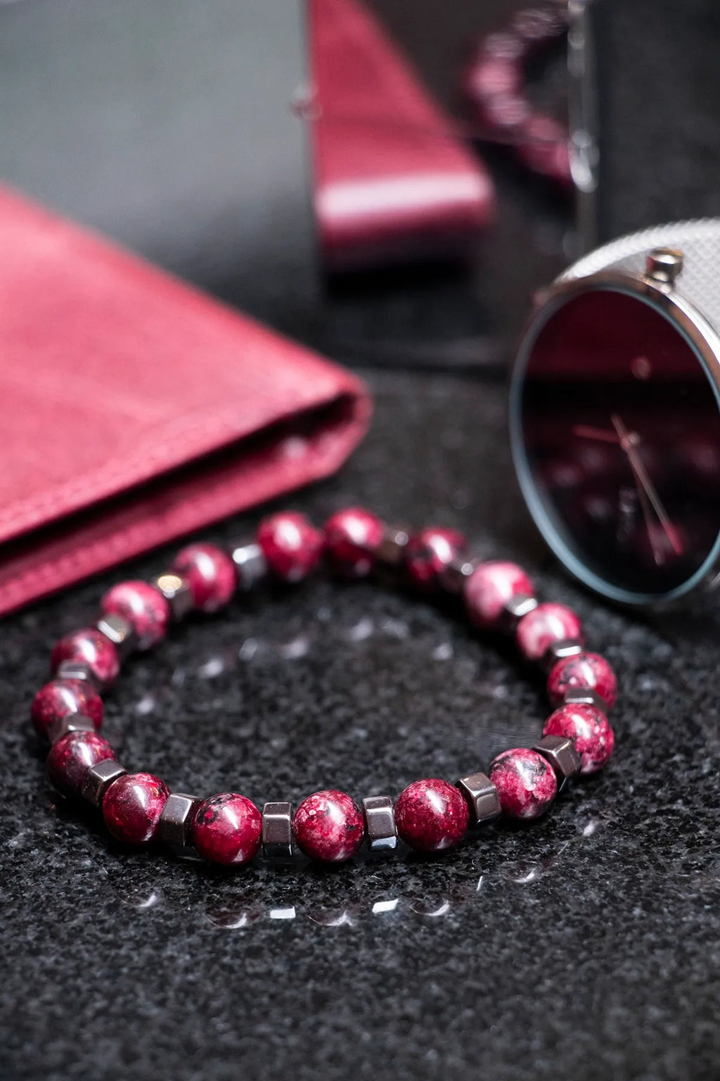 Hematite Original Natural Stone Unisex Bracelet - Burgundy