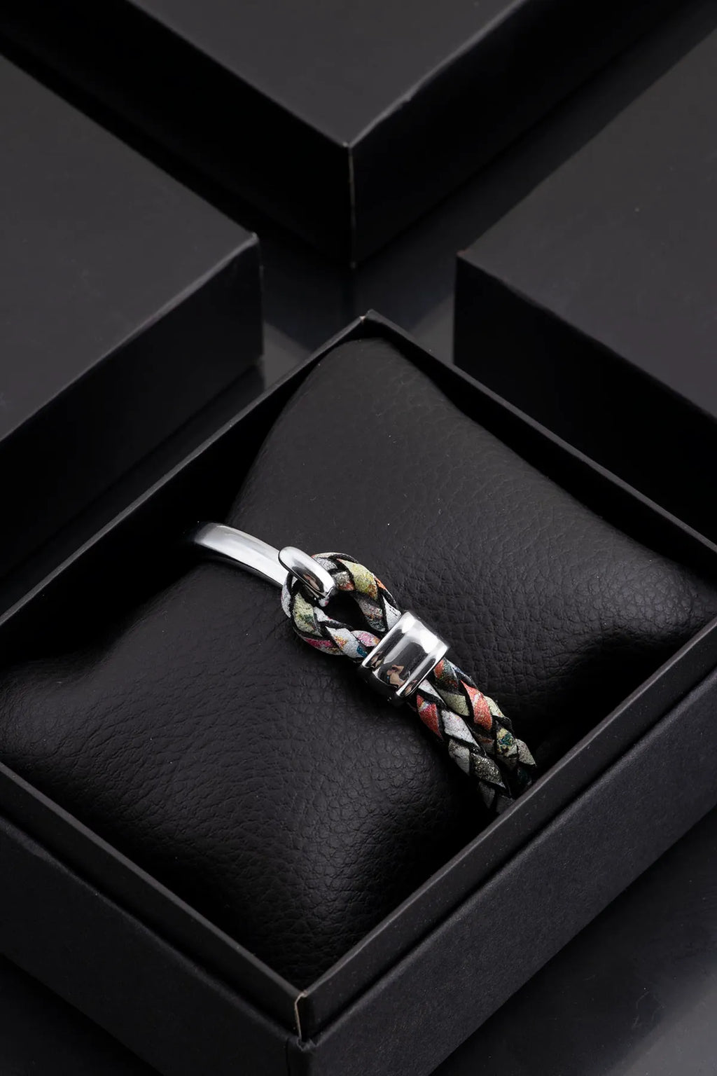 Genuine Leather & Chrome Braided Men's Bracelet - Multicolored