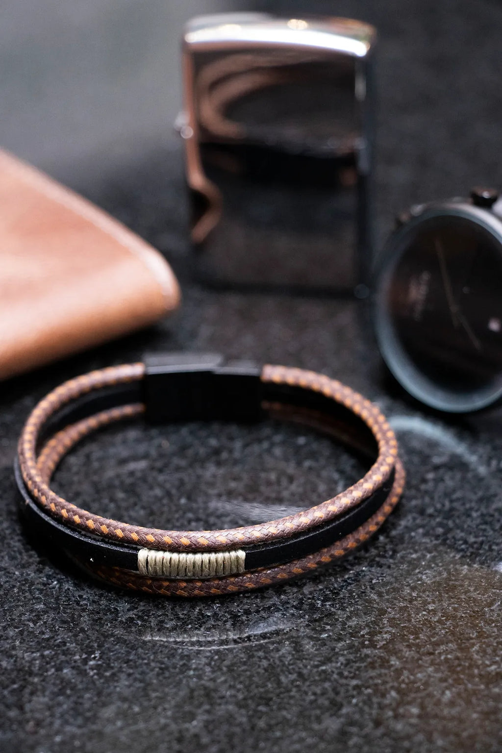 Genuine Leather Magnetic Bracelets - Brown 3-piece