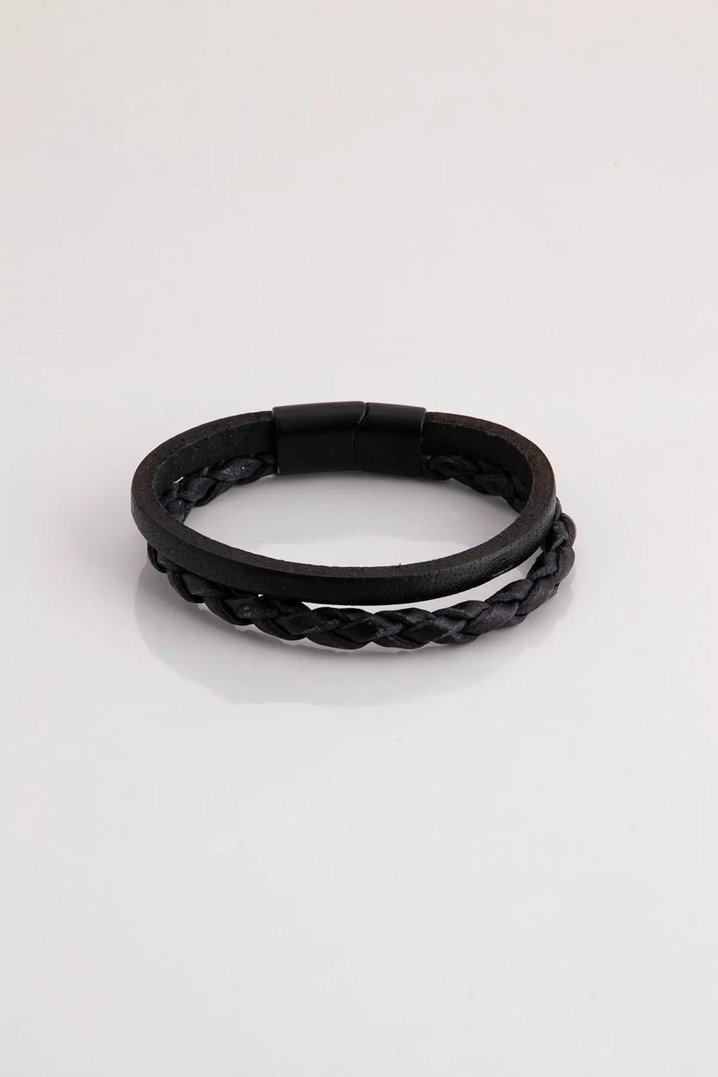 Genuine Leather Magnetic Bracelets - Black Knitted 2-piece
