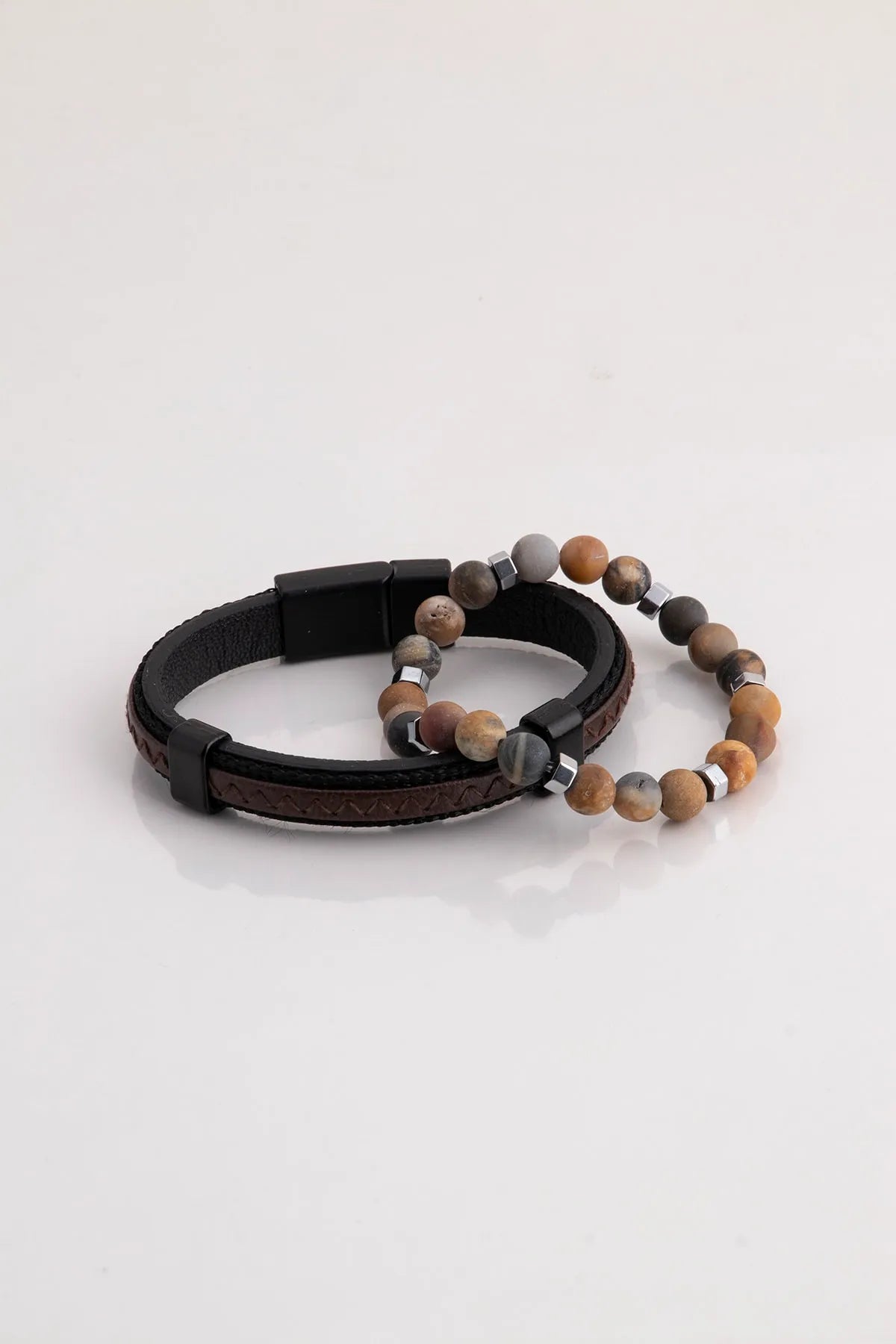 Genuine Leather & Natural Stone Men's Bracelet Set - Sand Brown 2-piece