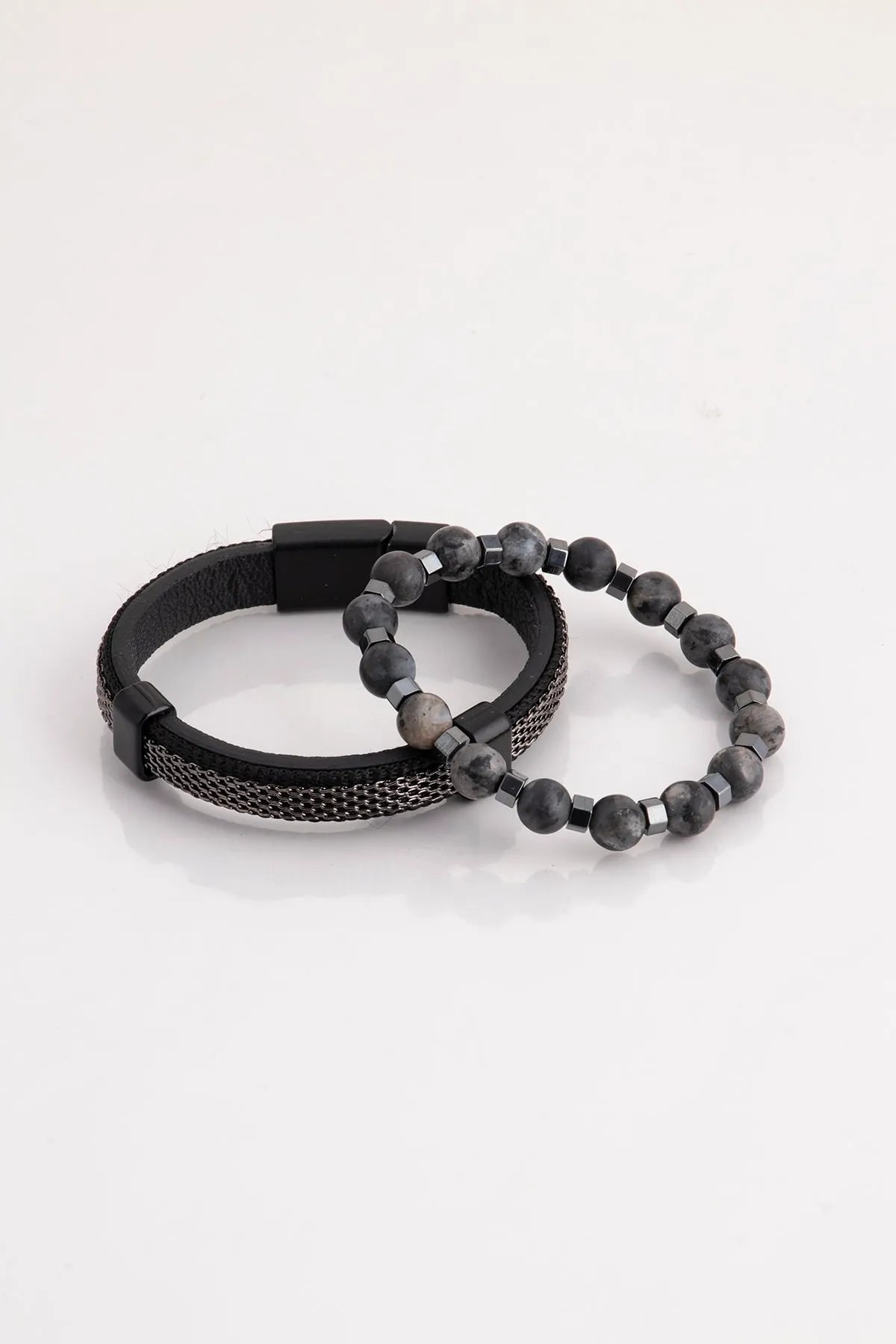 Genuine Leather & Natural Stone Men's Bracelet Set - Smoked