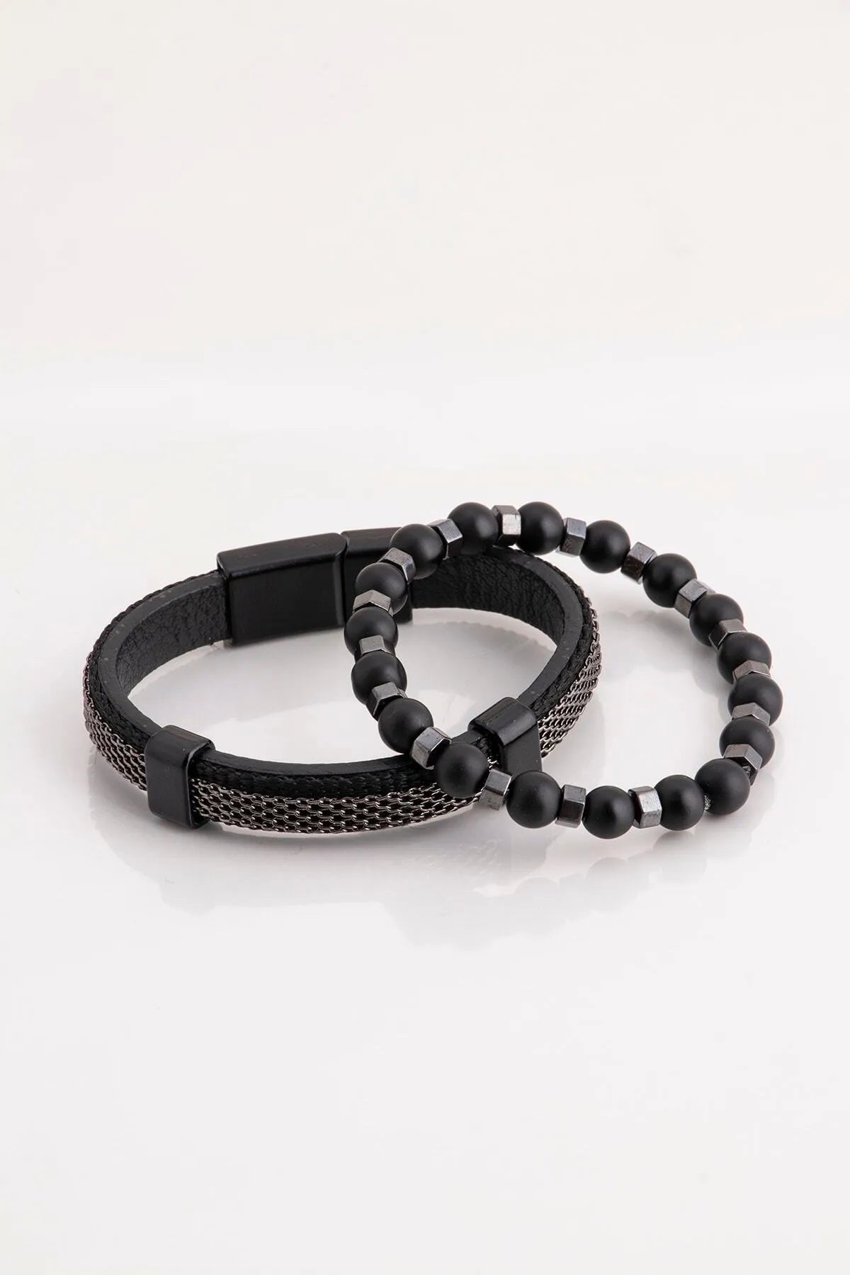 Genuine Leather & Natural Stone Men's Bracelet Set - Black 2-piece