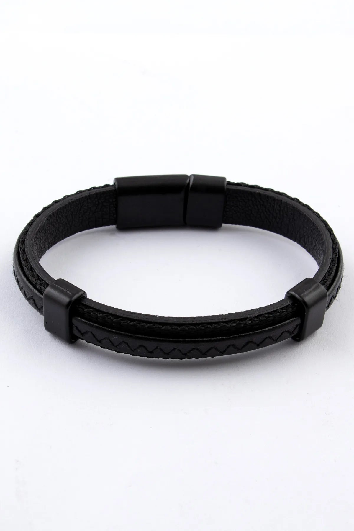 Genuine Leather & Natural Stone Men's Bracelet Set - Black-Bronz 2-piece