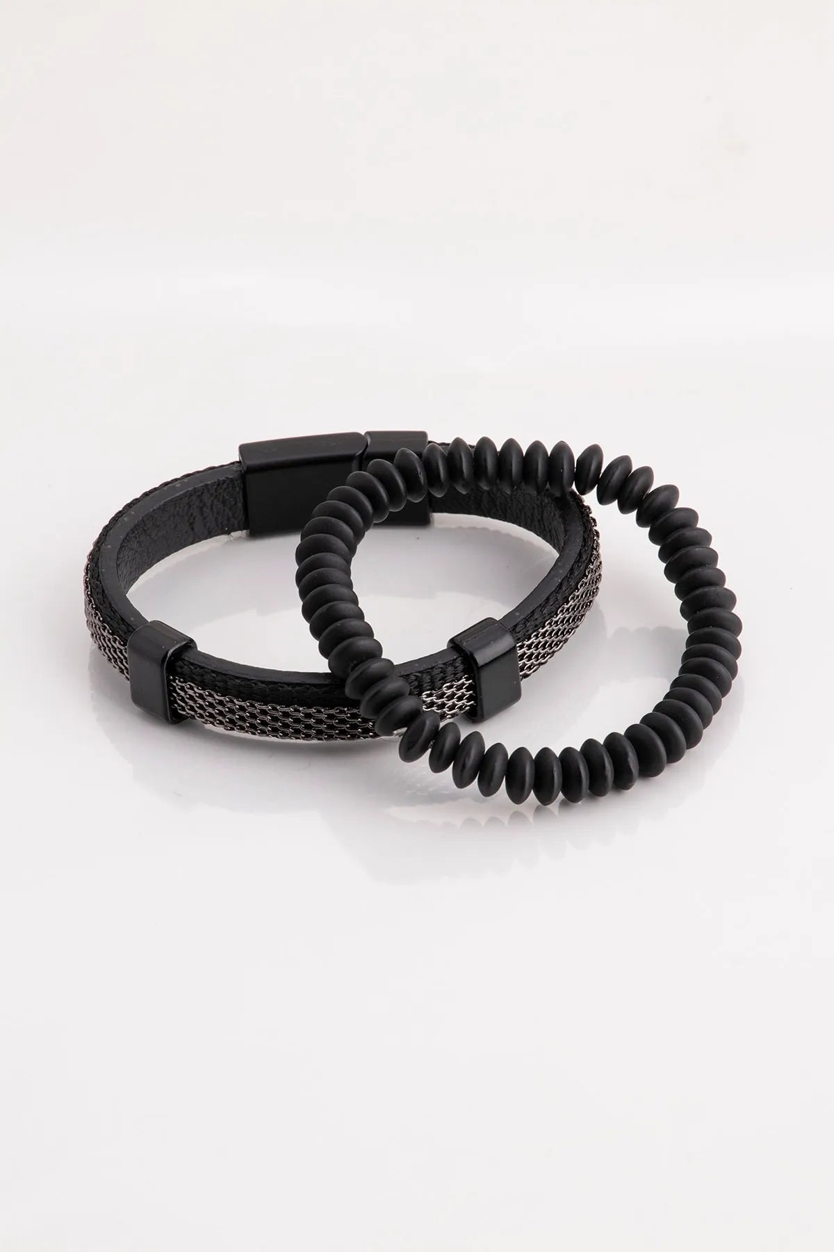 Genuine Leather & Natural Stone Men's Bracelet Set - Geometric Black 2-piece