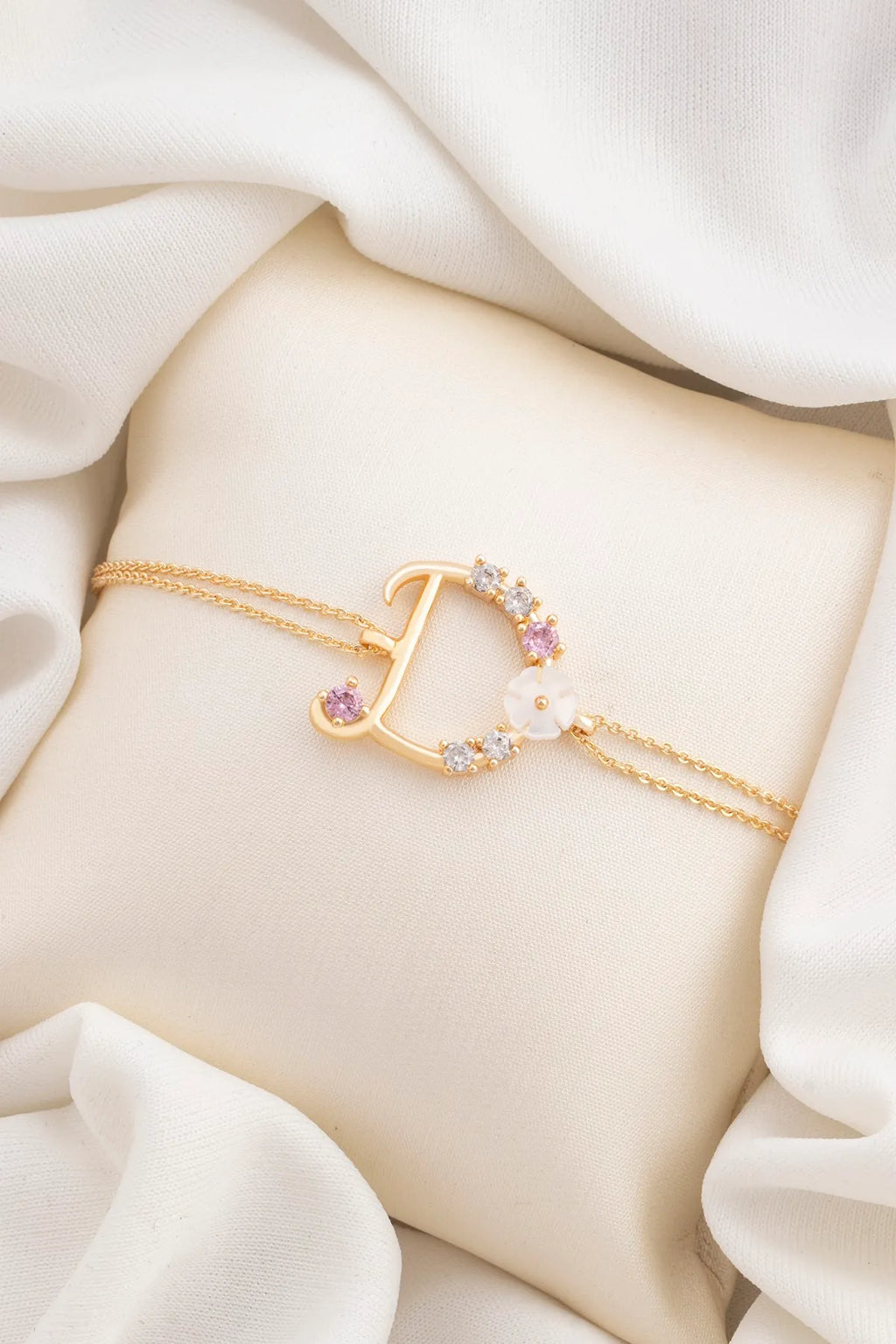 Italian Design Flowers Zircon Magnolia Initial Bracelet - D