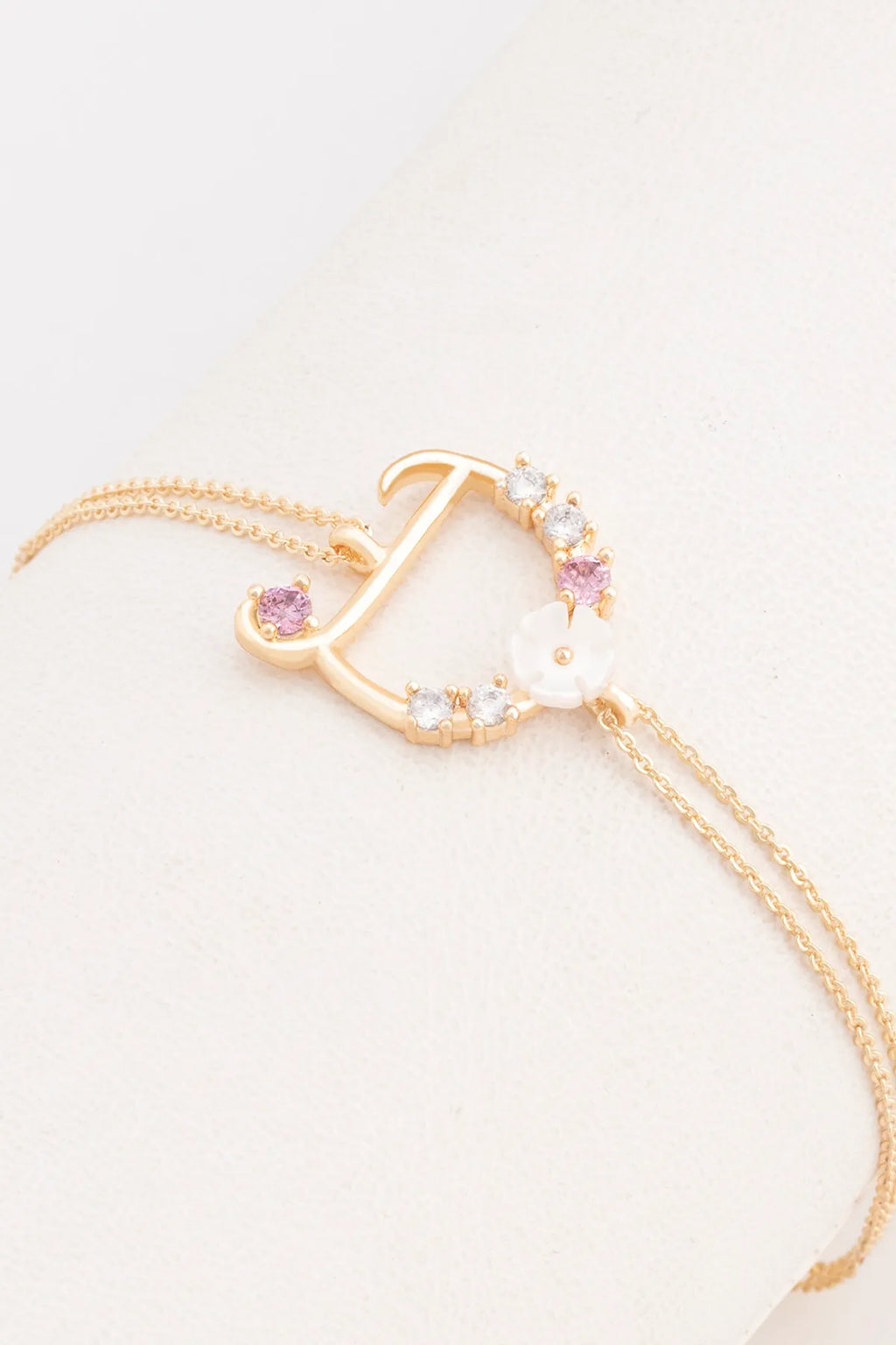 Italian Design Flowers Zircon Magnolia Initial Bracelet - D