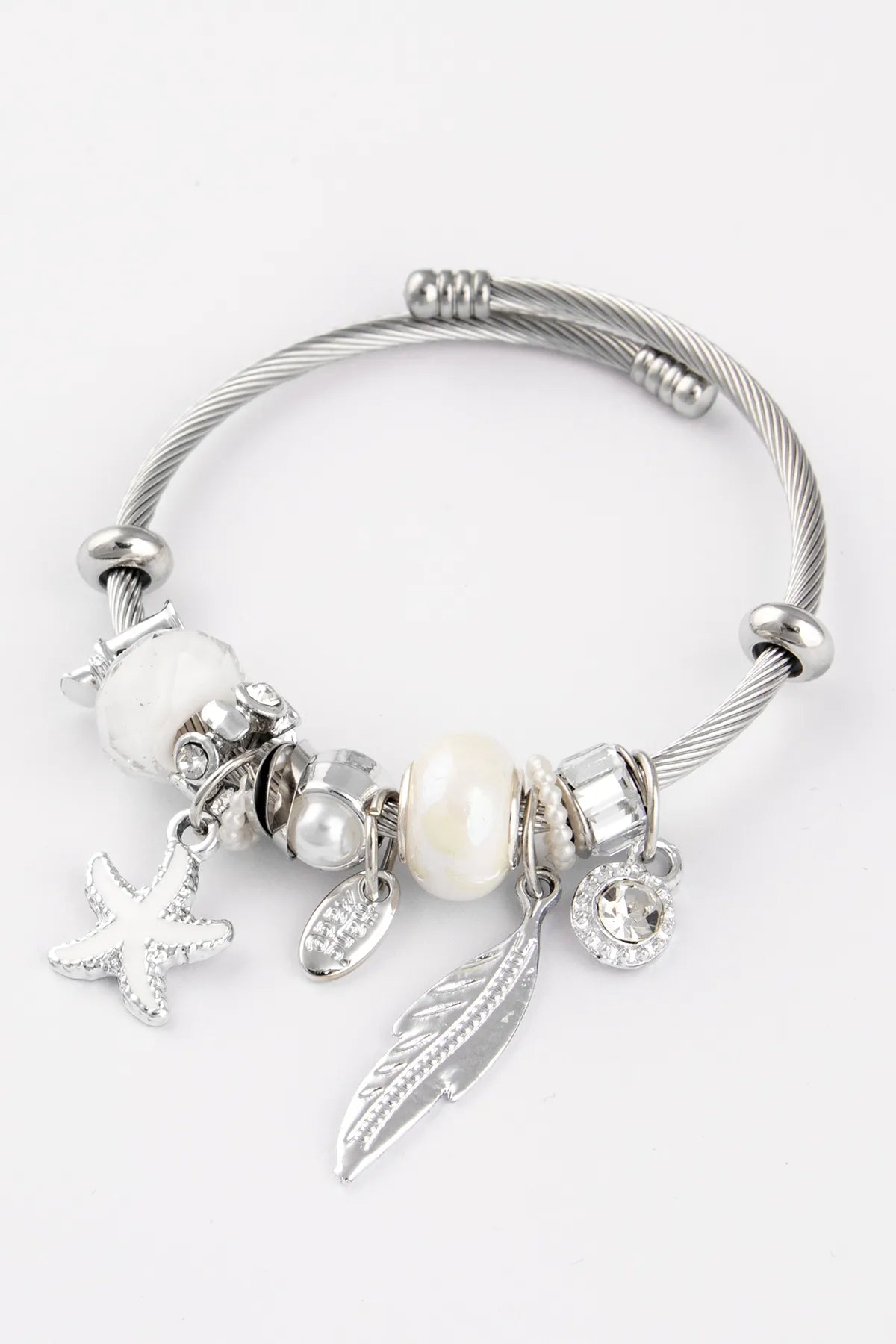 Starfish, Pearl & Leaf Charm White Stone Stainless Steel Italian Charm Bracelet