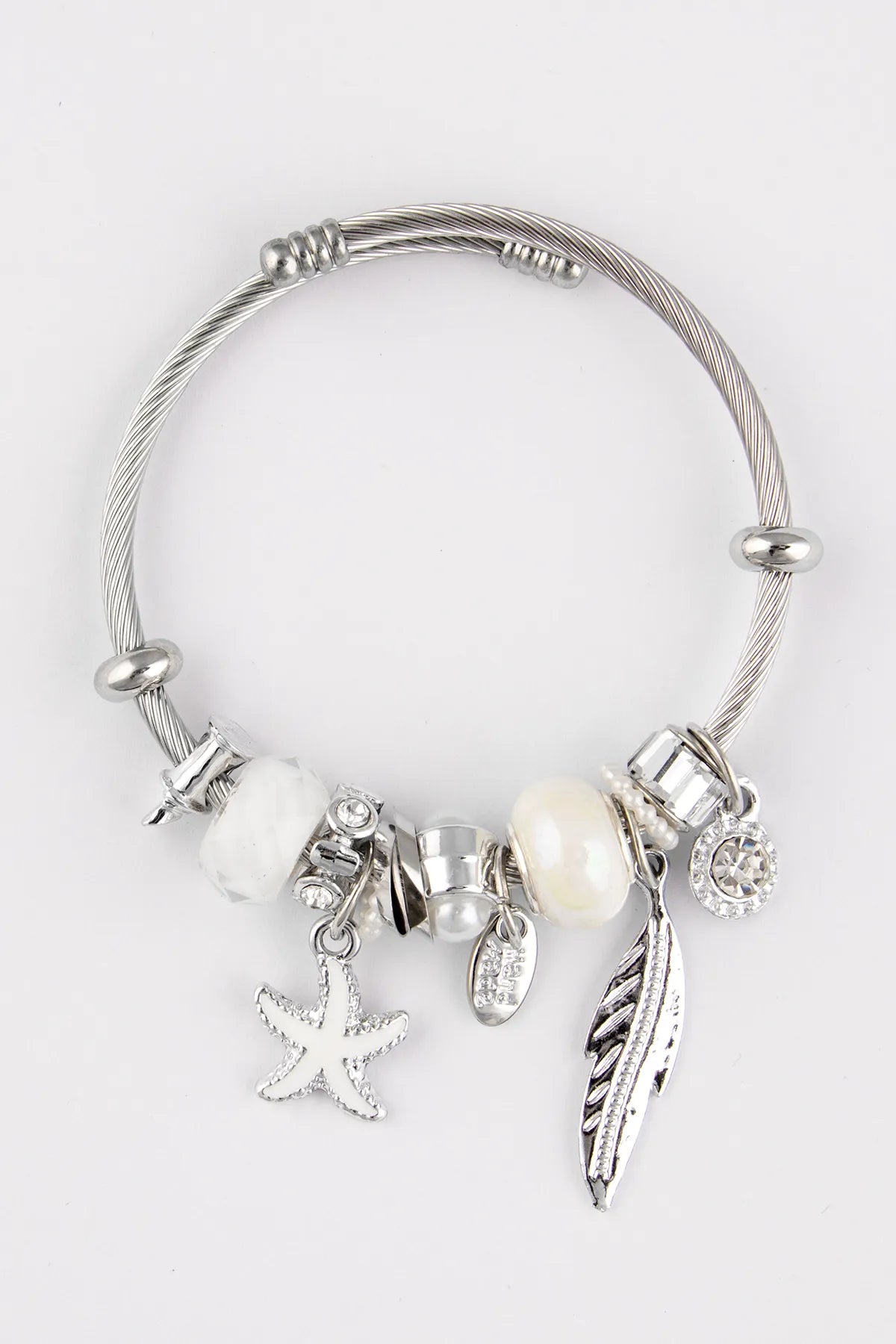 Starfish, Pearl & Leaf Charm White Stone Stainless Steel Italian Charm Bracelet