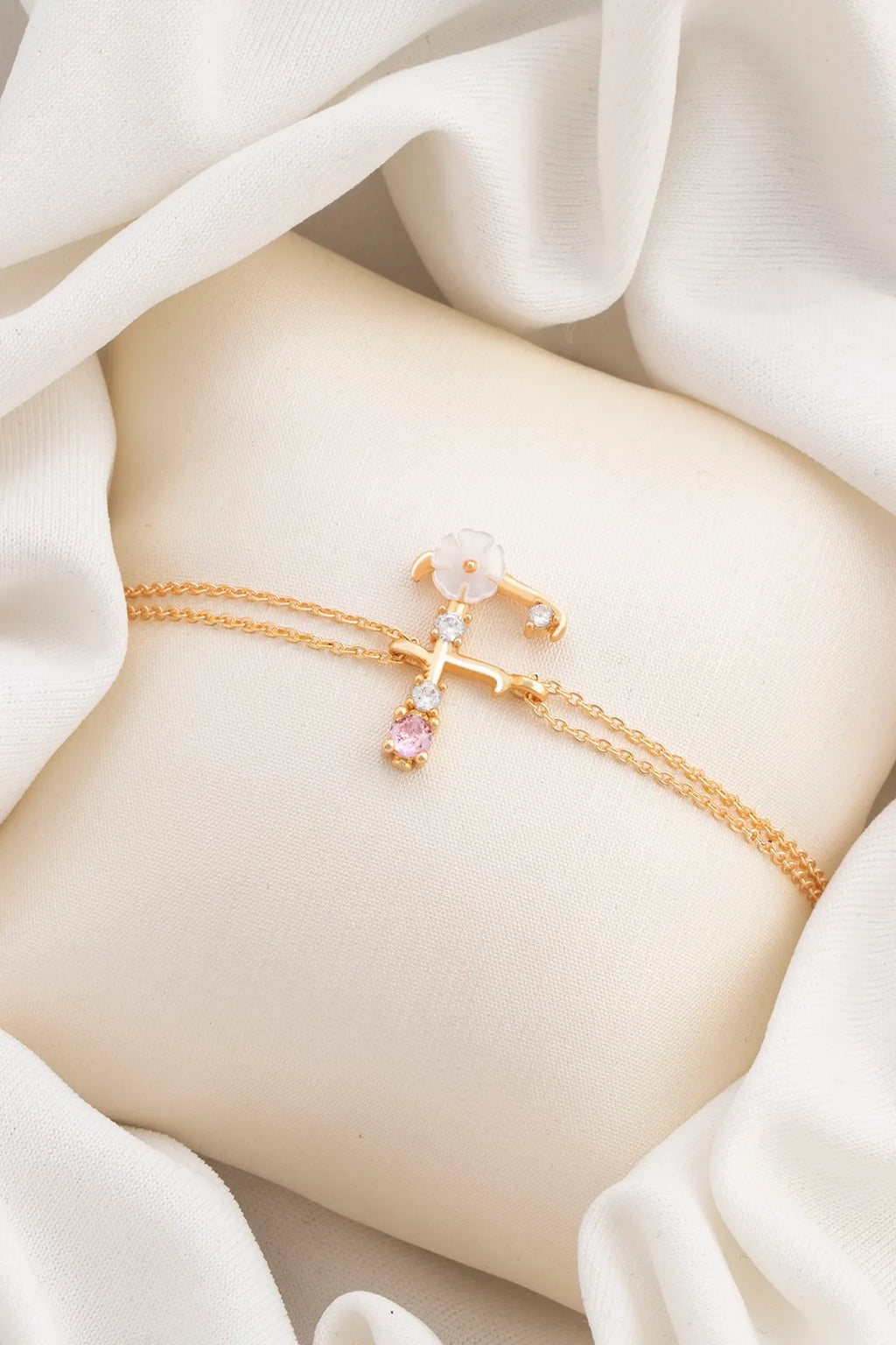 Italian Design Flowers Zircon Magnolia Initial Bracelet - F