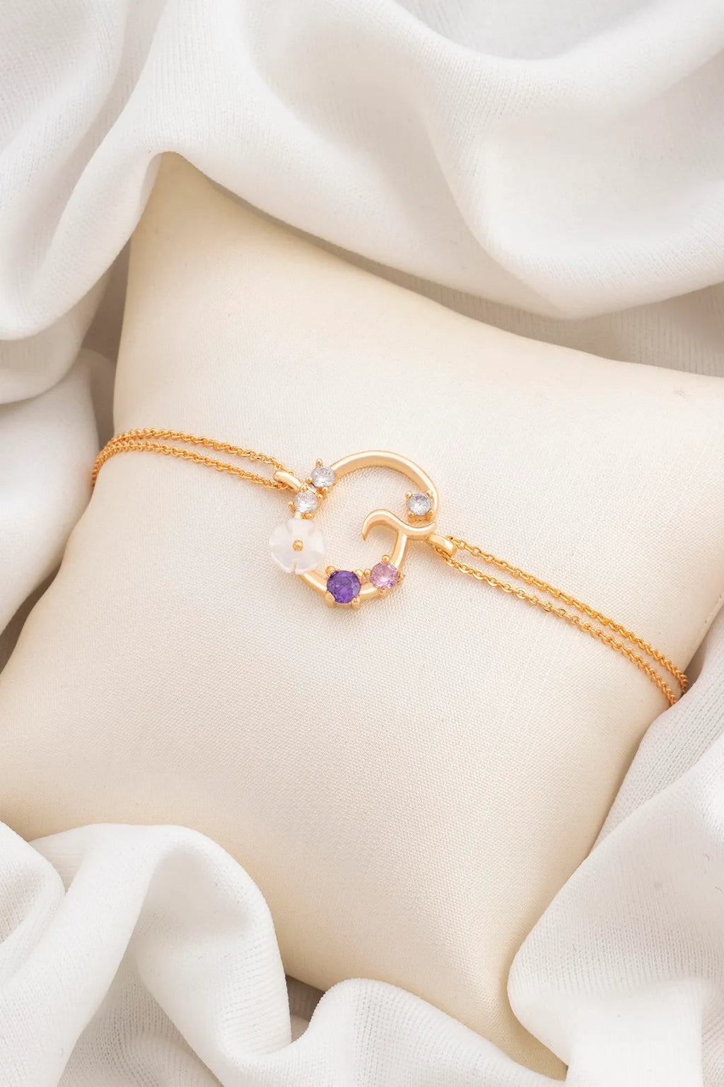 Italian Design Flowers Zircon Magnolia Initial Bracelet - G