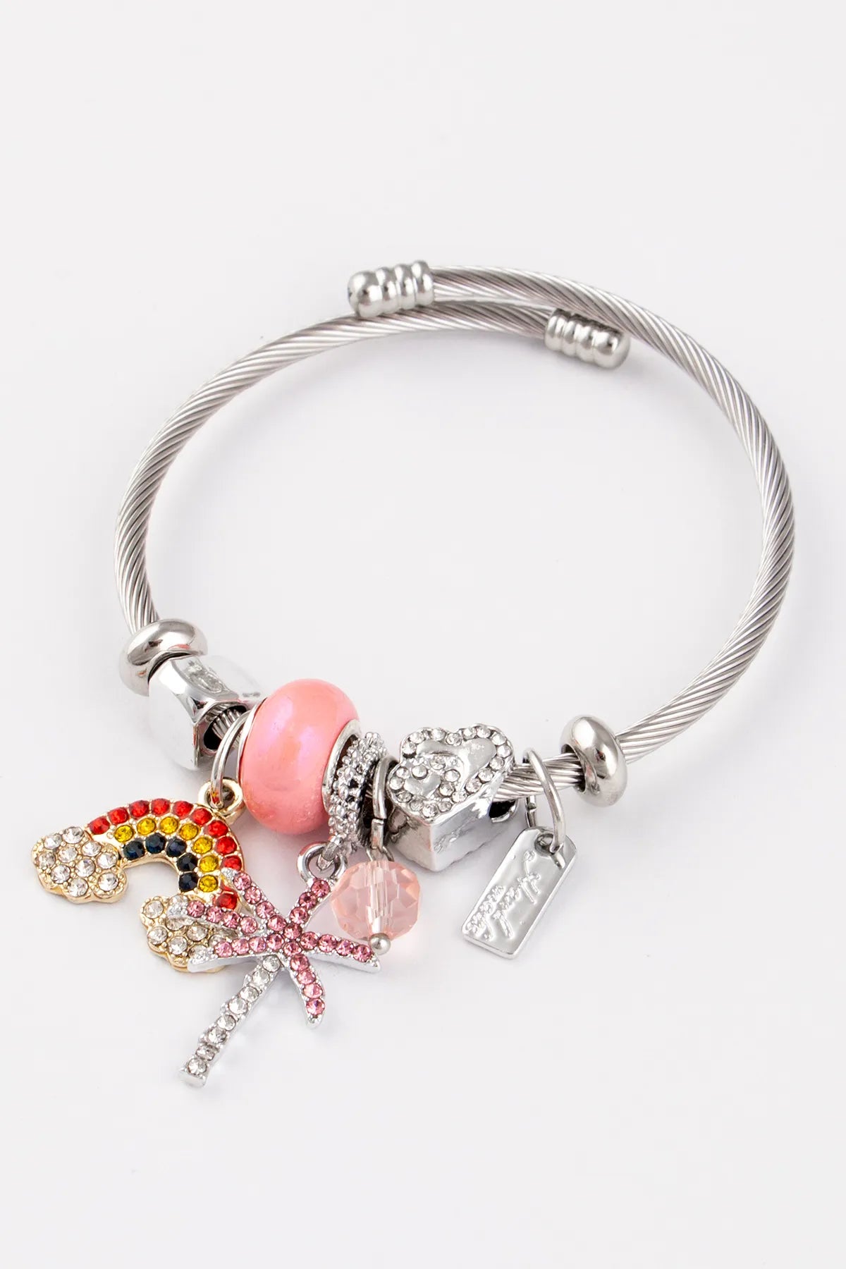 Rainbow, Heart & Palm Charm Pink Stone Adjustable Stainless Steel Italian Charm Bracelet
