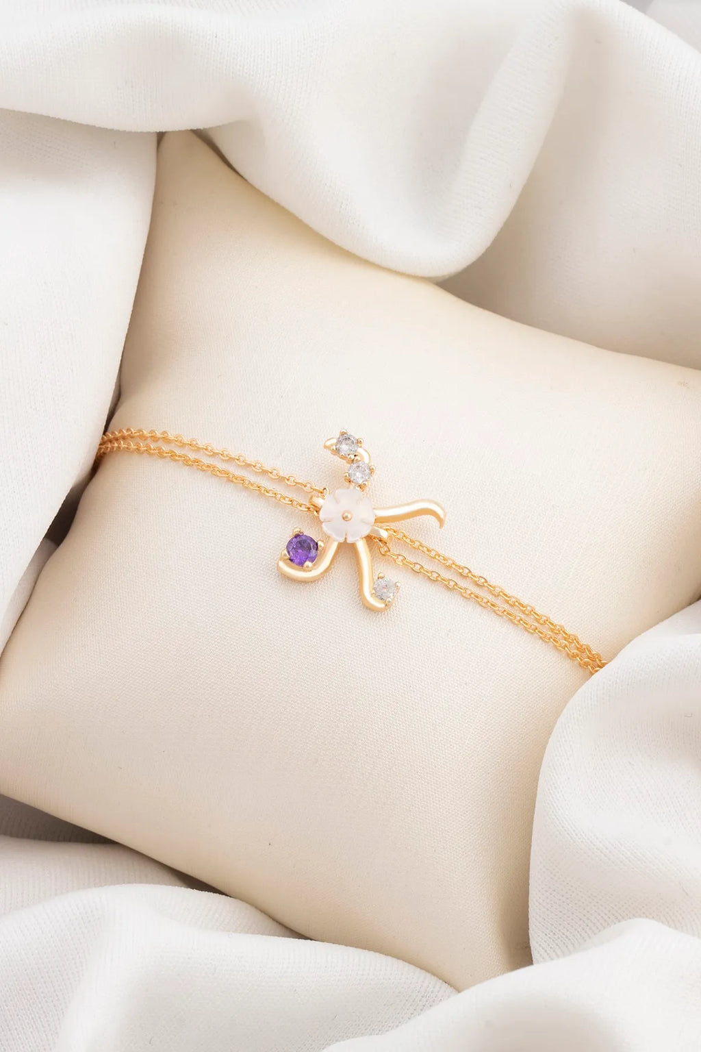 Italian Design Flowers Zircon Magnolia Initial Bracelet - K