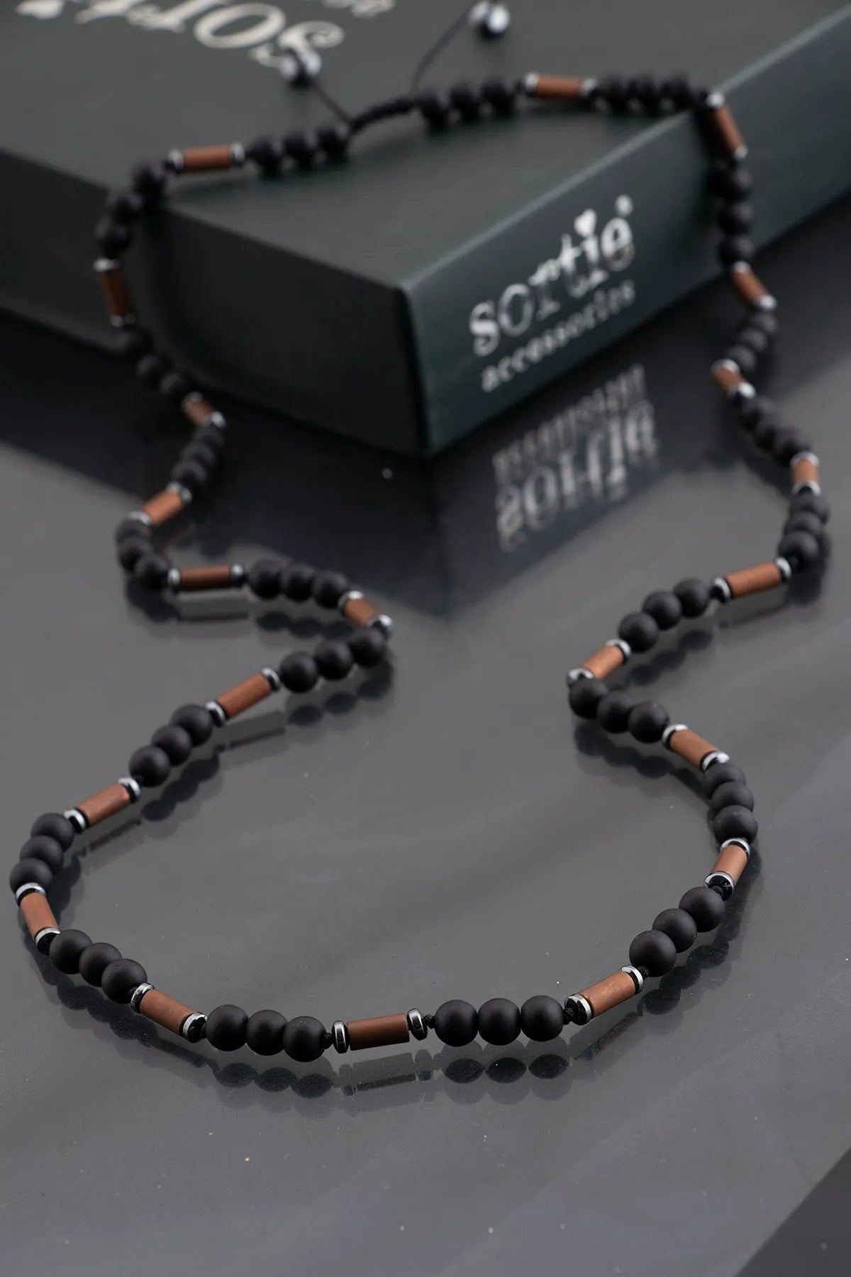 Mat Onyx & Hematite Natural Stone Men's Necklace - Black Brown
