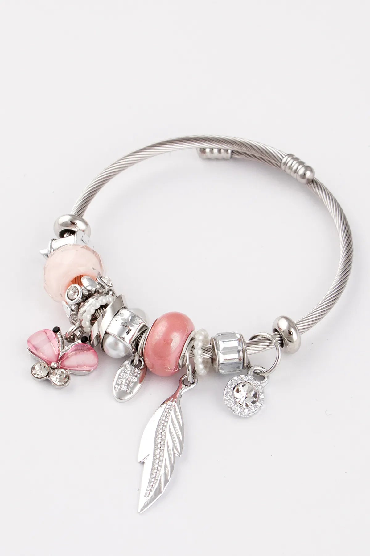 Butterfly & Leaf Charm Pink Zircon Stone Adjustable Stainless Steel Italian Charm Bracelet
