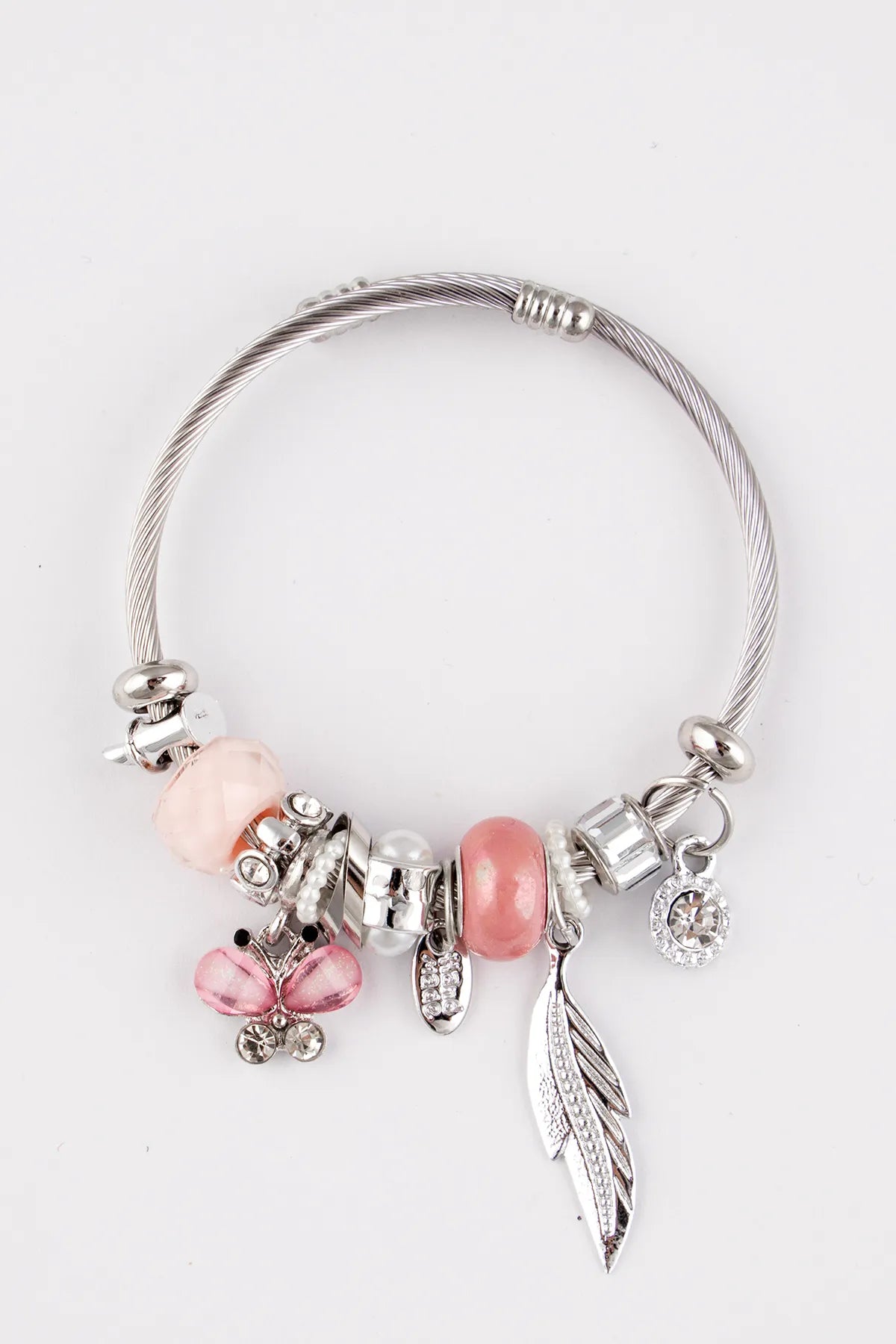 Butterfly & Leaf Charm Pink Zircon Stone Adjustable Stainless Steel Italian Charm Bracelet