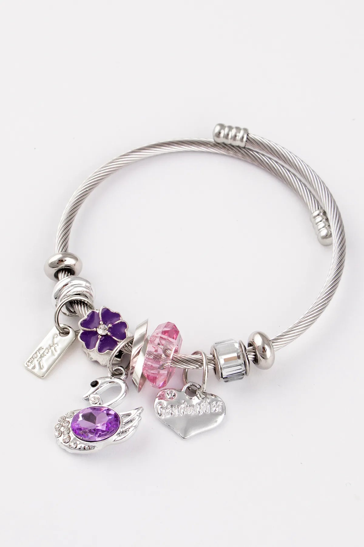 Swan & Daisy Charm Purple and Zircon Stone Adjustable Stainless Steel Italian Charm Bracelet