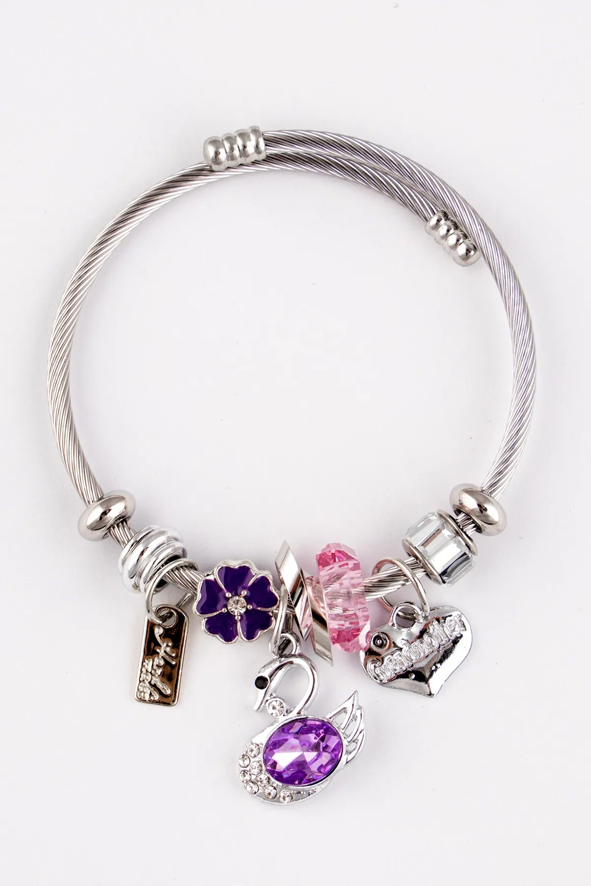 Swan & Daisy Charm Purple and Zircon Stone Adjustable Stainless Steel Italian Charm Bracelet