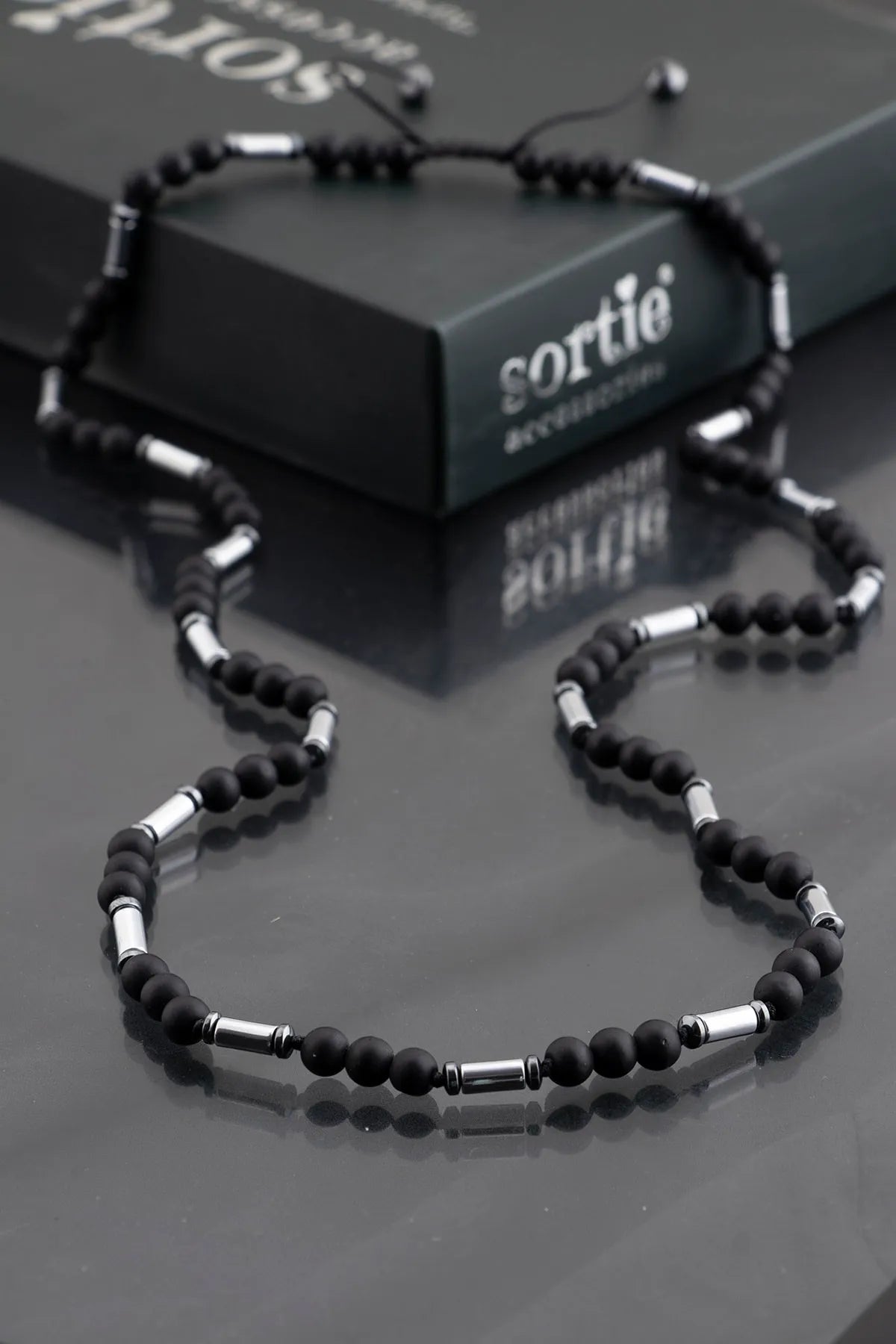 Mat Onyx & Hematite Natural Stone Men's Necklace - Black Silver