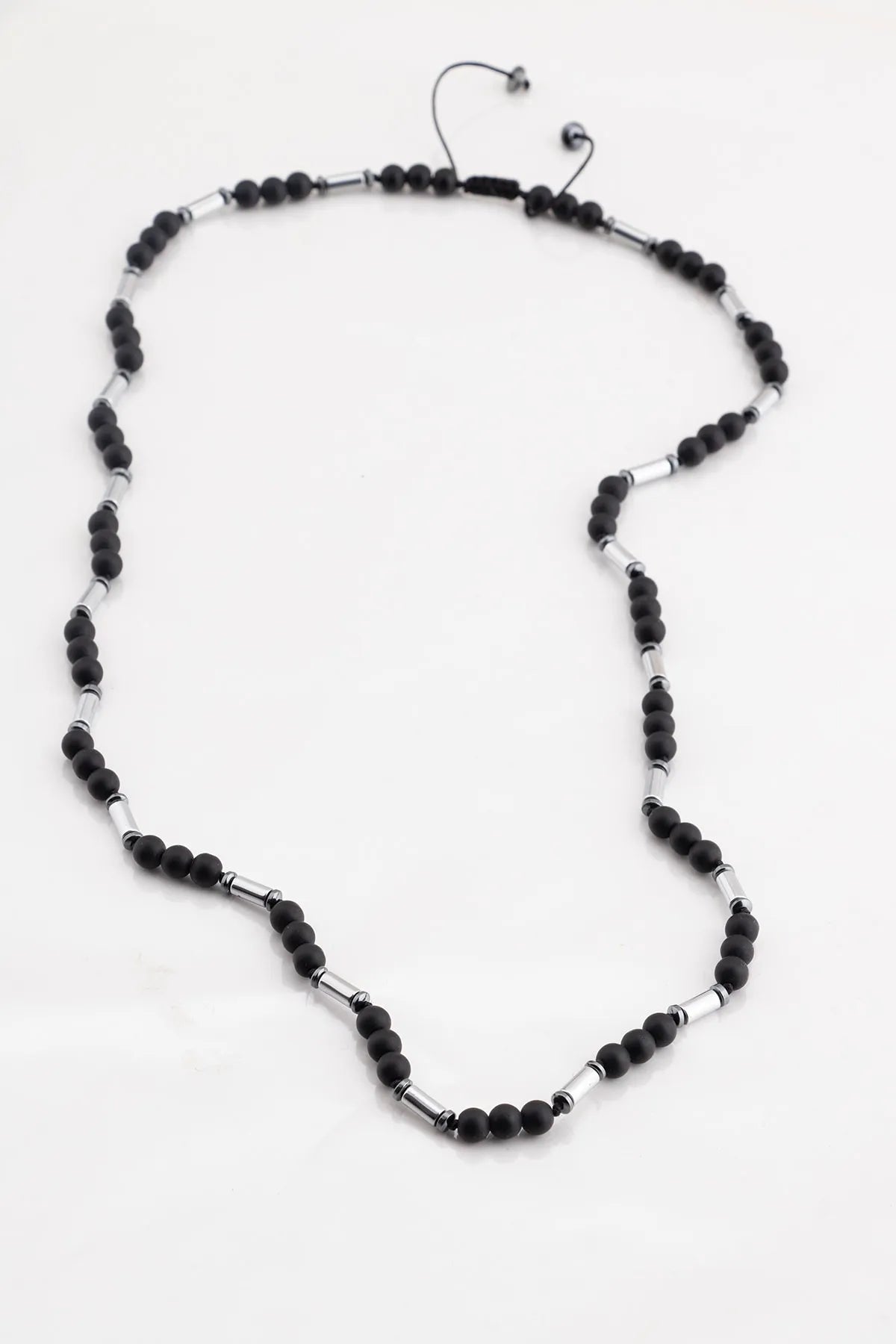 Mat Onyx & Hematite Natural Stone Men's Necklace - Black Silver