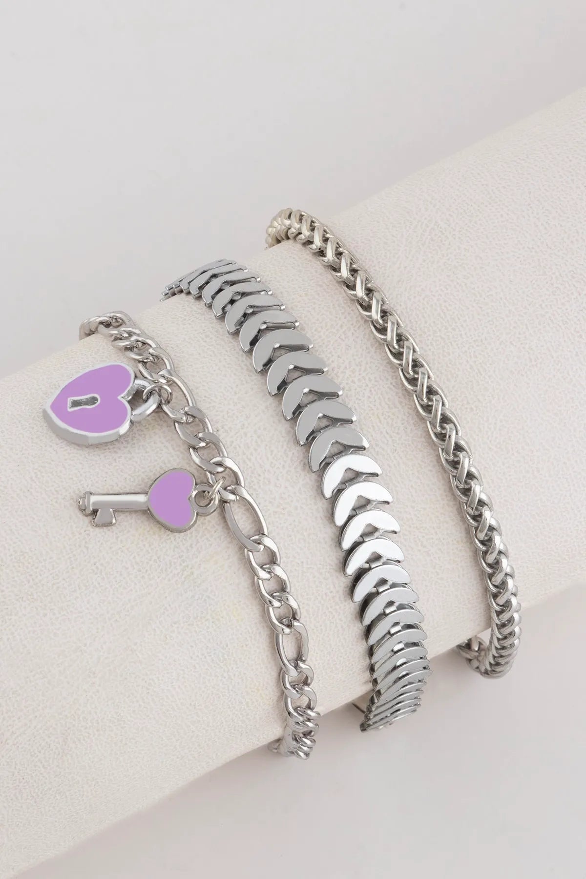 Key, Heart & Lock Charm "Key to My Heart" Chain Detail 3-Piece Bracelet Set