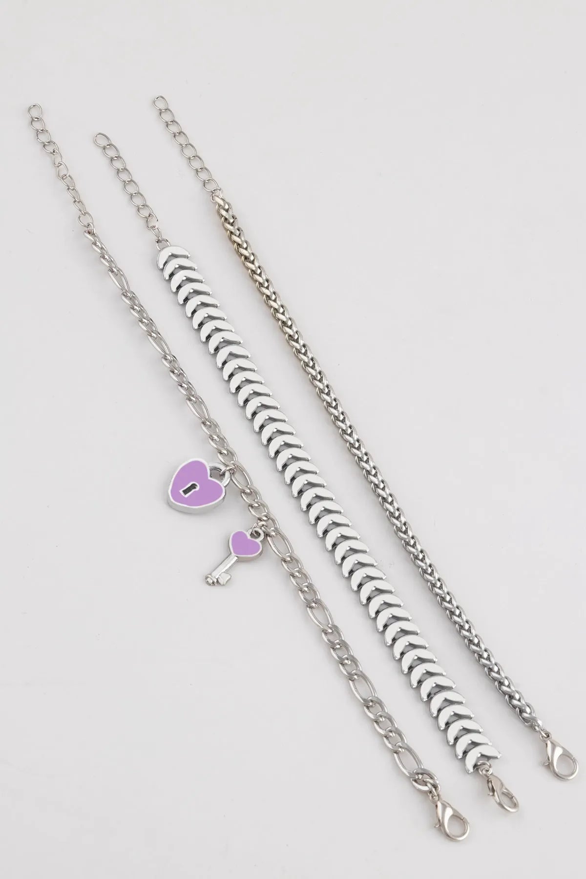 Key, Heart & Lock Charm "Key to My Heart" Chain Detail 3-Piece Bracelet Set
