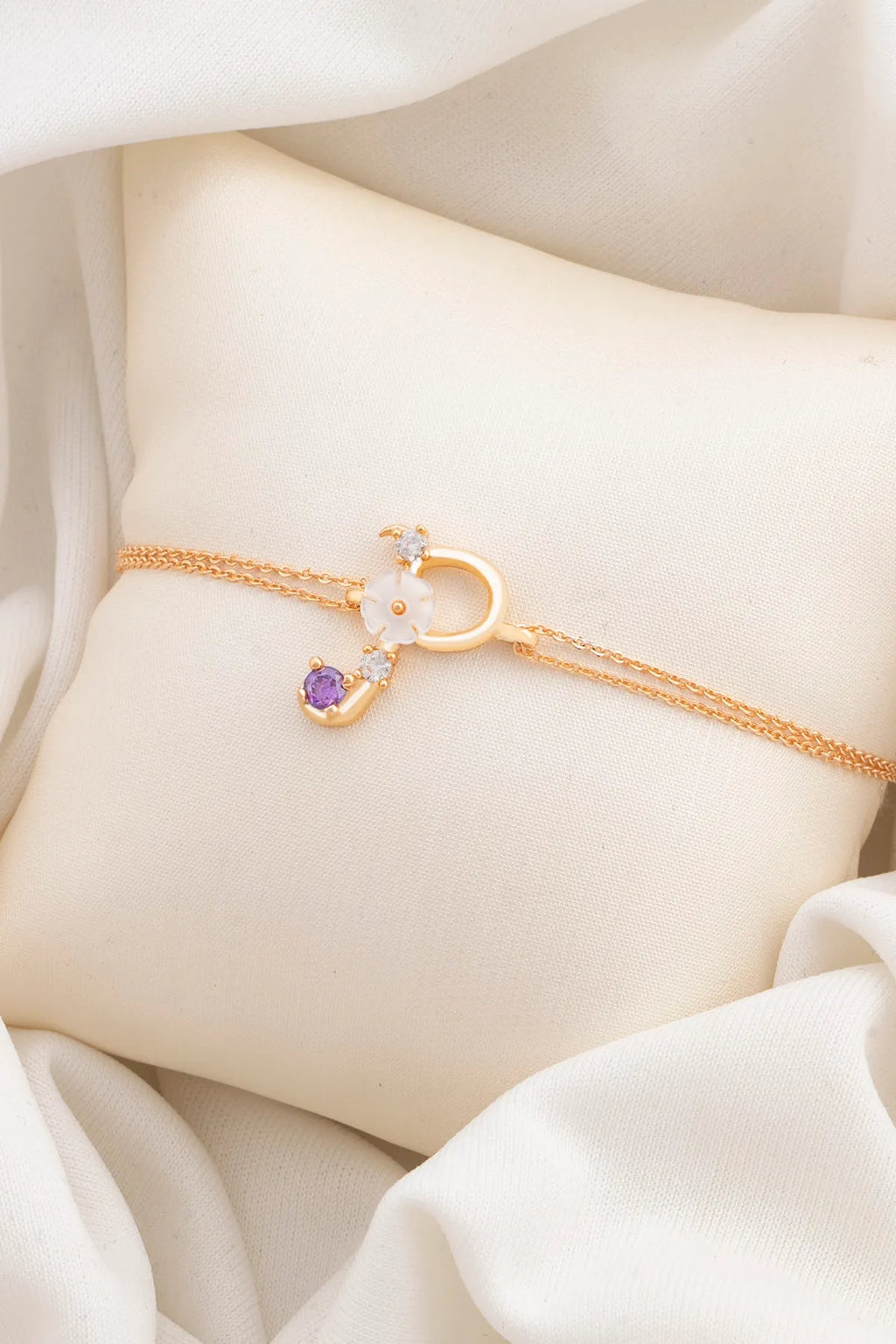 Italian Design Flowers Zircon Magnolia Initial Bracelet - P