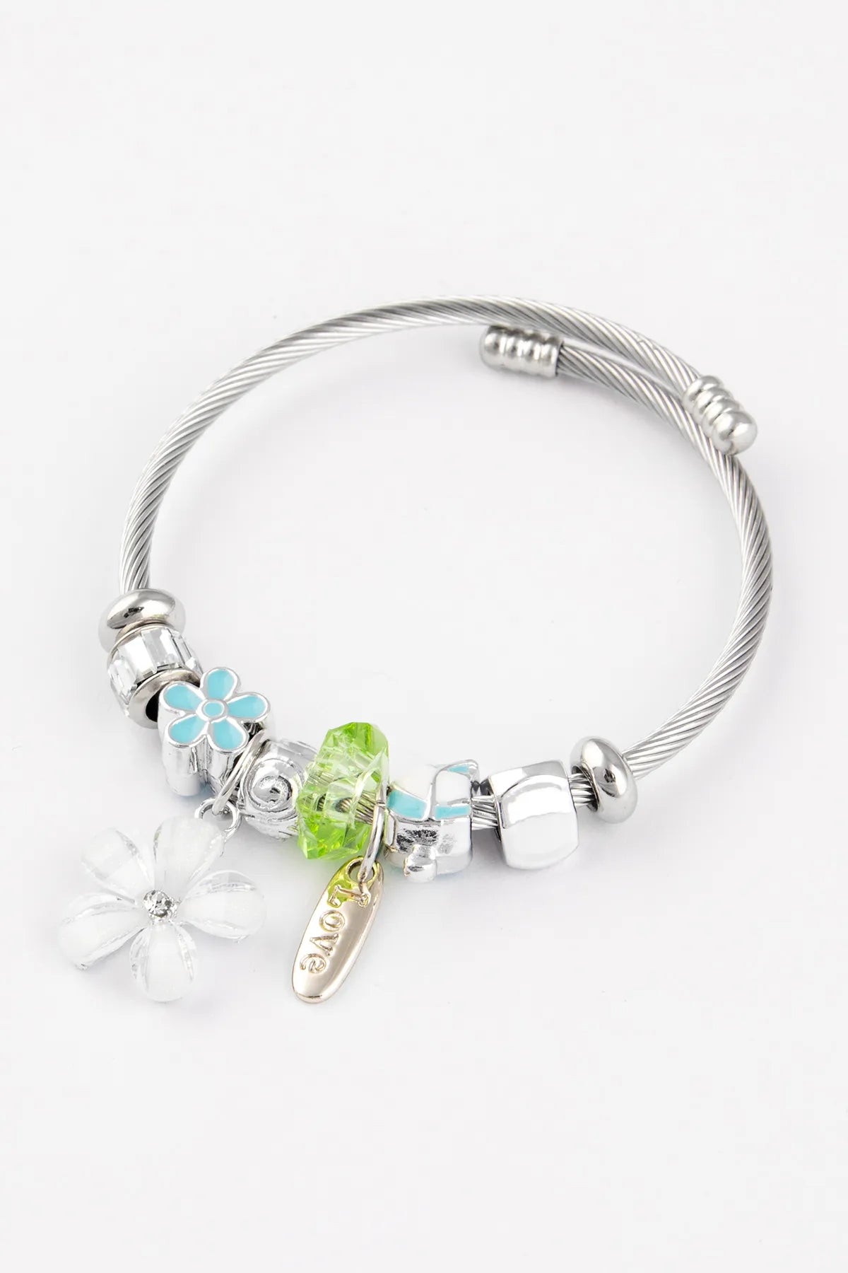 Daisy Flower Charm Green Stone Adjustable Stainless Steel Italian Charm Bracelet