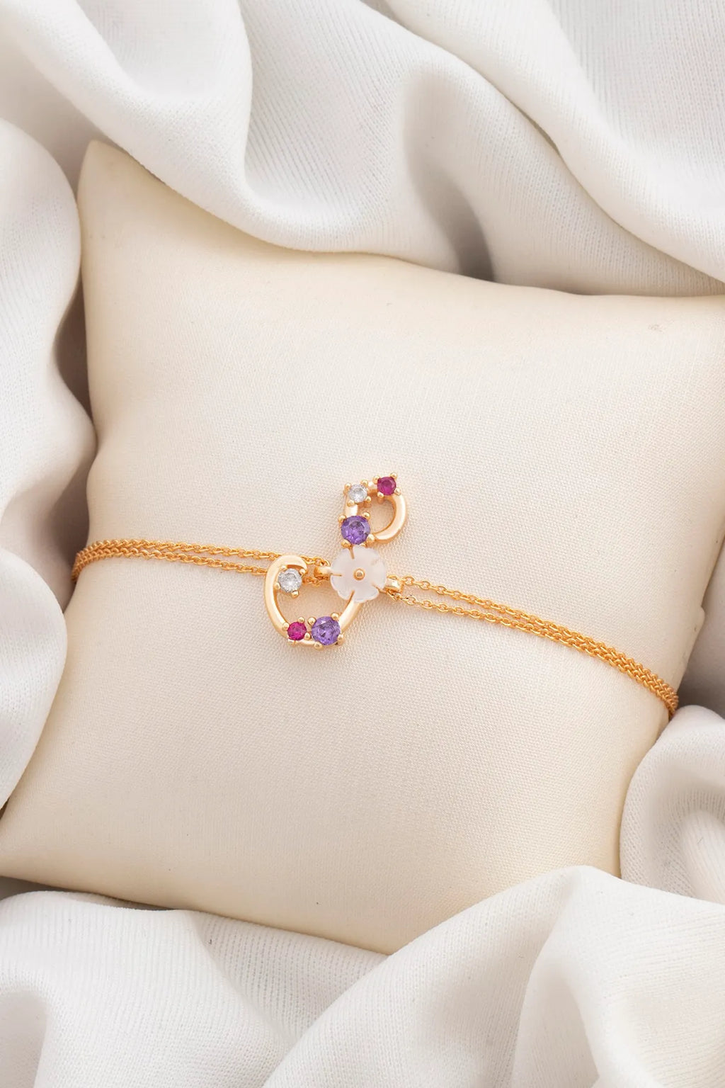 Italian Design Flowers Zircon Magnolia Initial Bracelet - S
