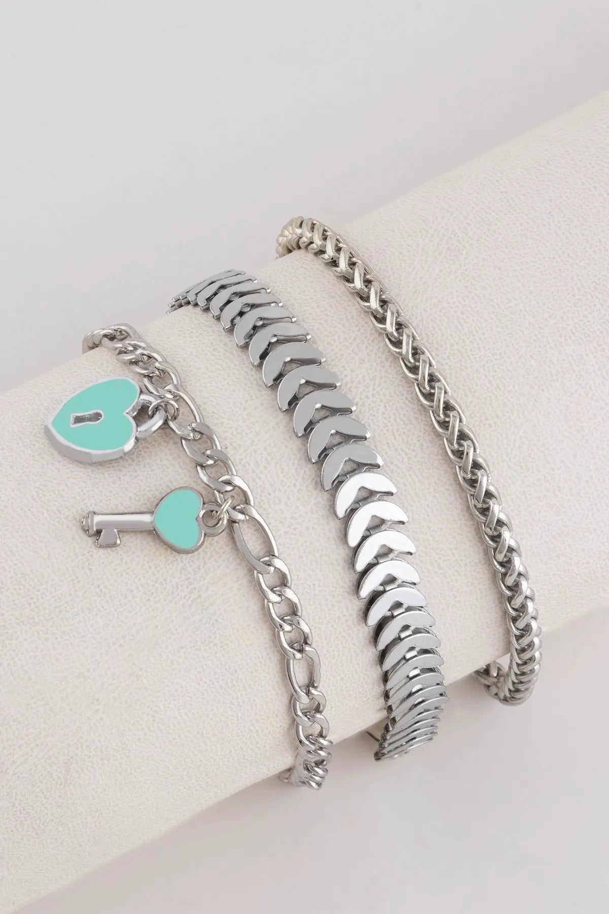 Key, Heart & Lock Charm "Key to My Heart" Chain Detail 3-Piece Bracelet Set