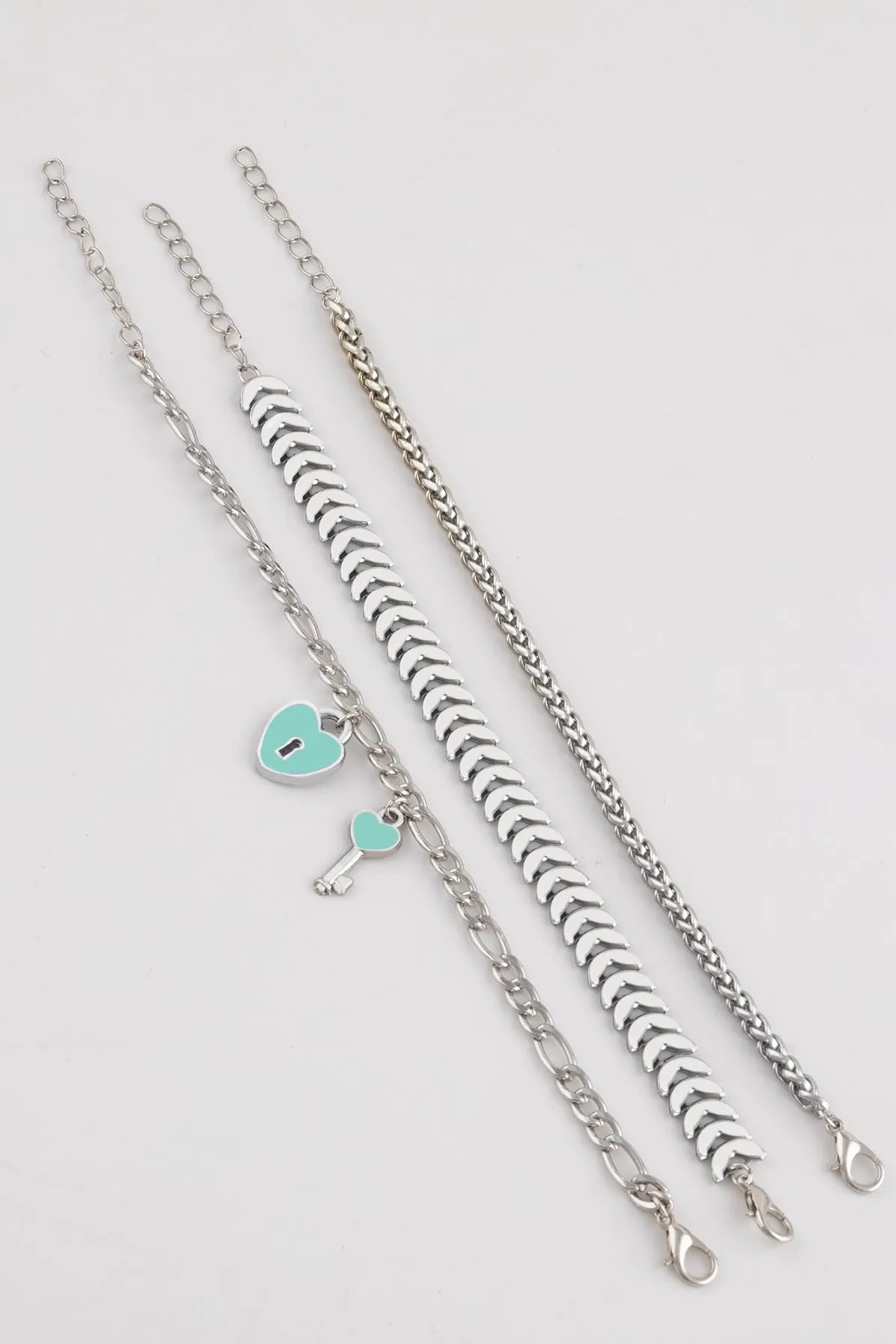 Key, Heart & Lock Charm "Key to My Heart" Chain Detail 3-Piece Bracelet Set