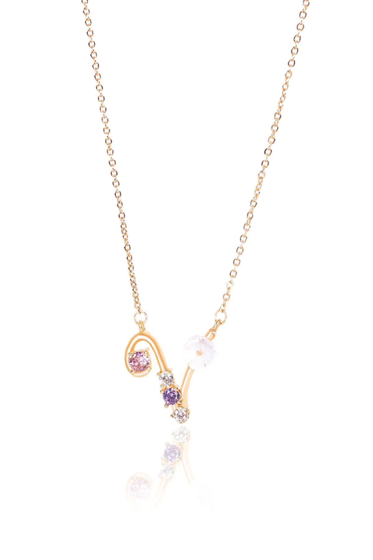 Italian Design Flowers Zircon Magnolia Initial Necklace - V