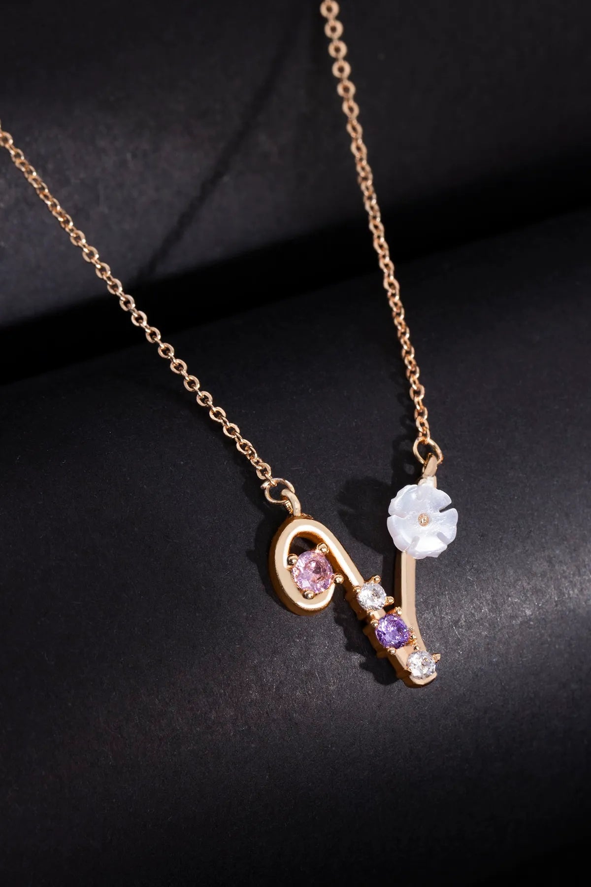 Italian Design Flowers Zircon Magnolia Initial Necklace - V