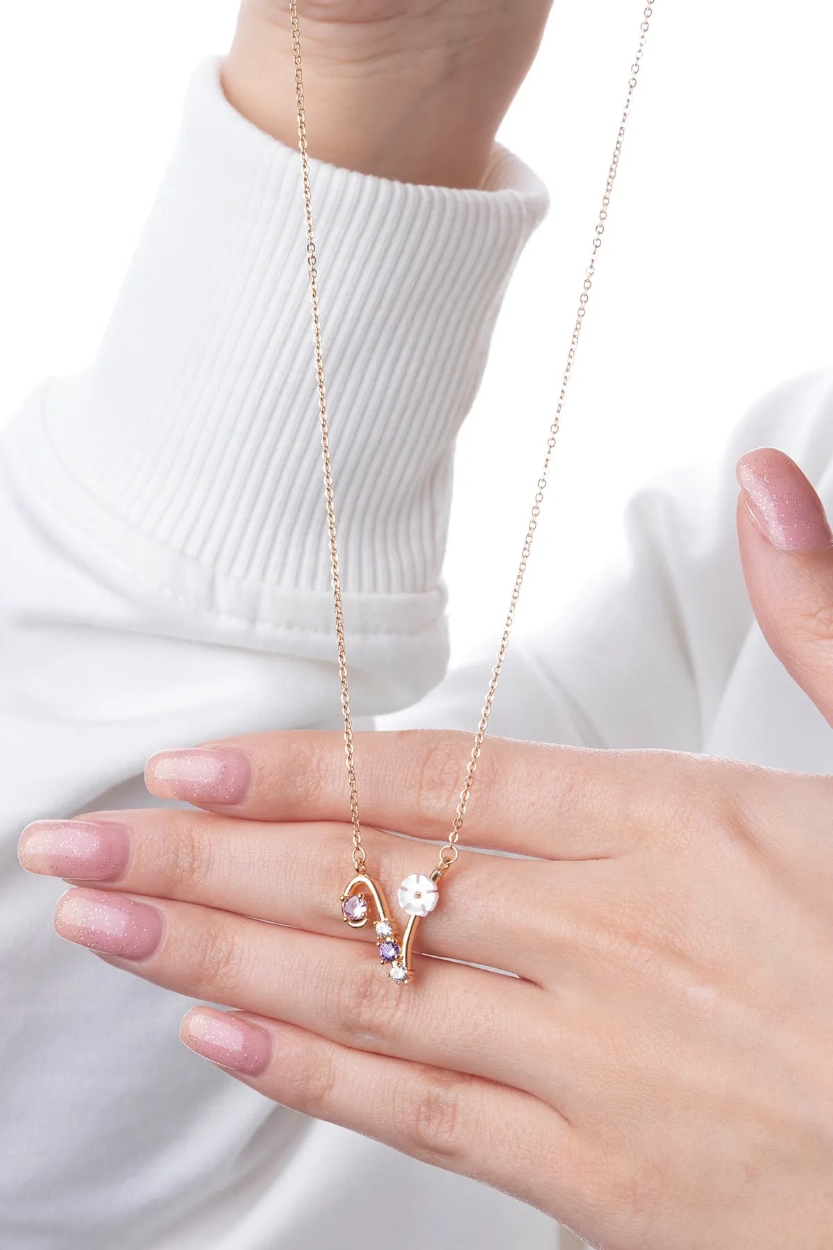 Italian Design Flowers Zircon Magnolia Initial Necklace - V
